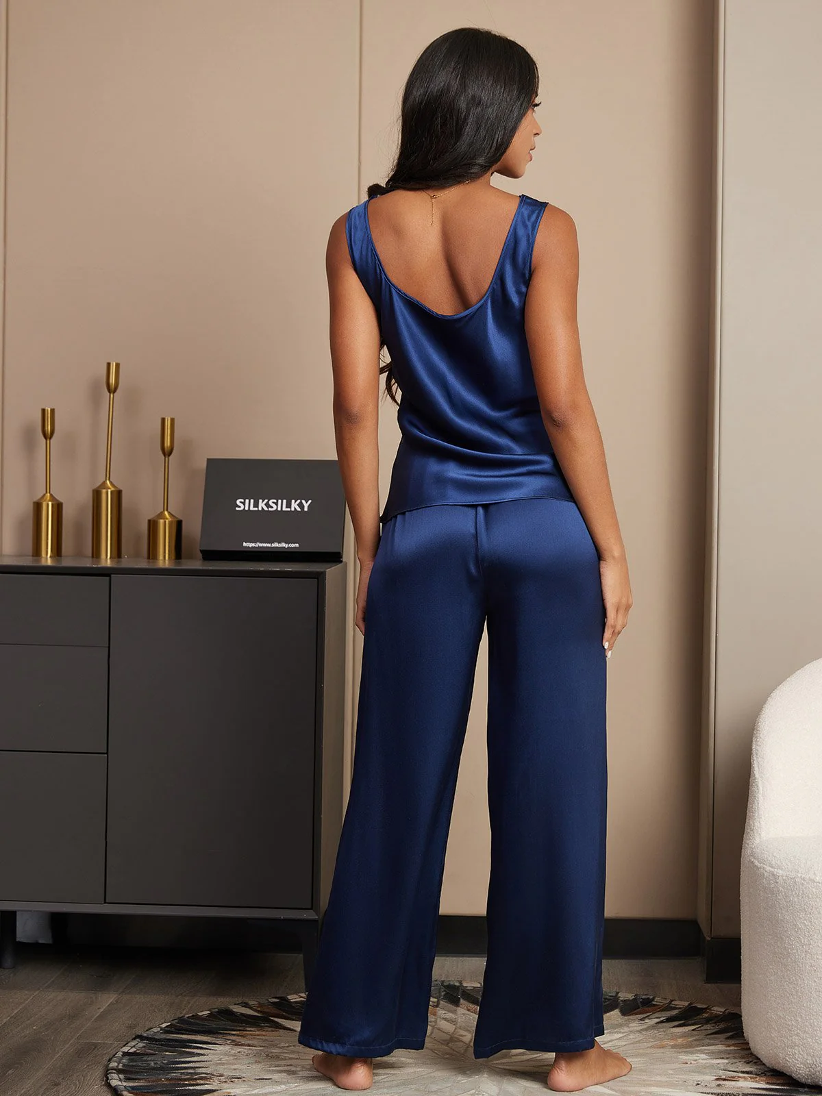 100% Mulberry Silk Sleeveless U-Neck Tank Top & Wide Leg Pants Pajama Set - Image 7