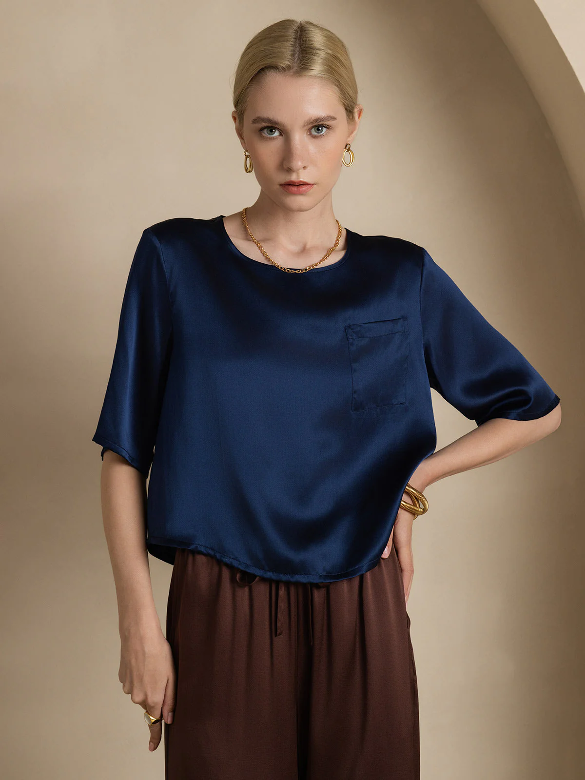 100% Mulberry Silk Women's Blouse Short Sleeve Boxy Crop Top - Image 24