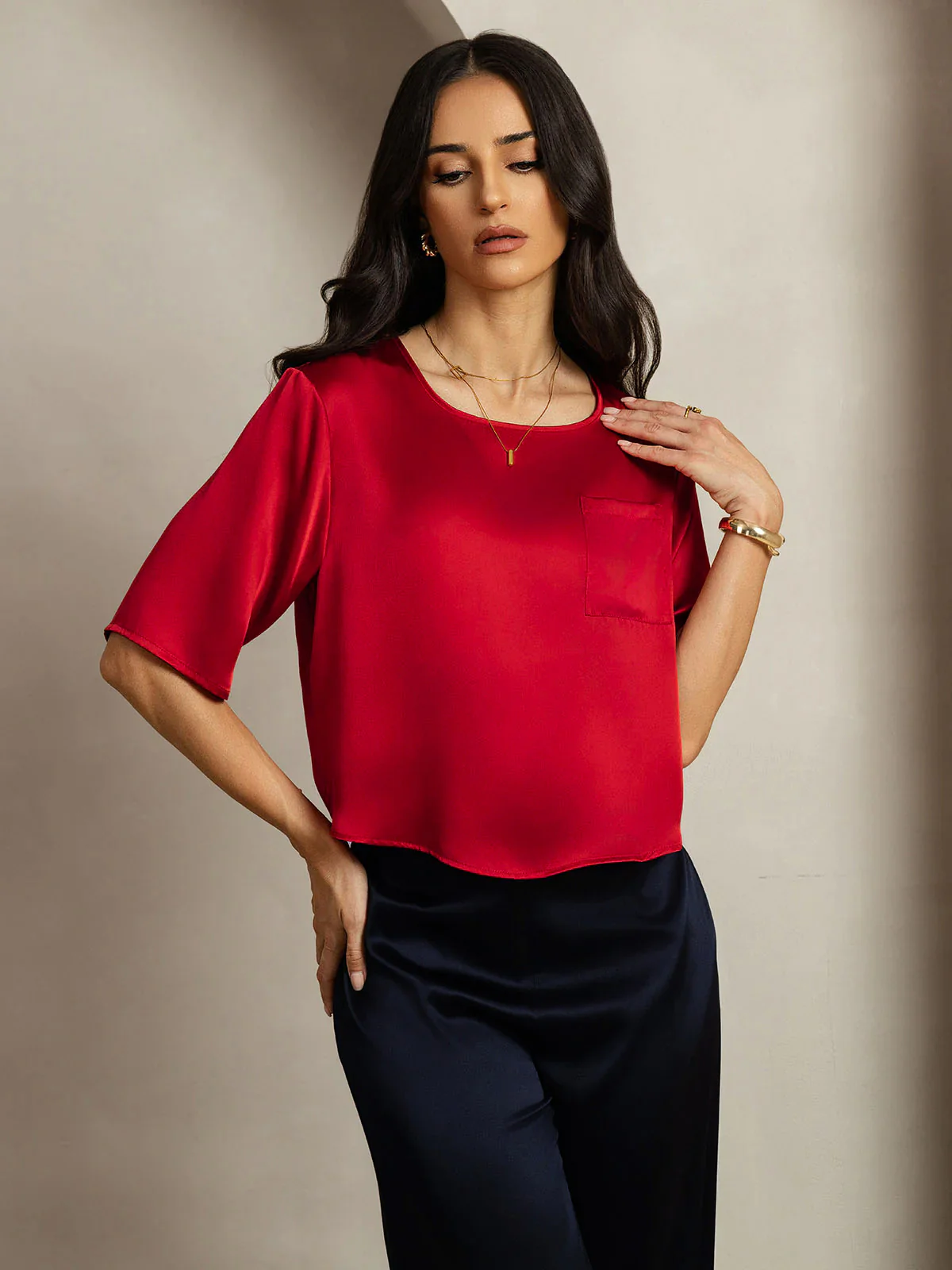 100% Mulberry Silk Women's Blouse Short Sleeve Boxy Crop Top - Image 33