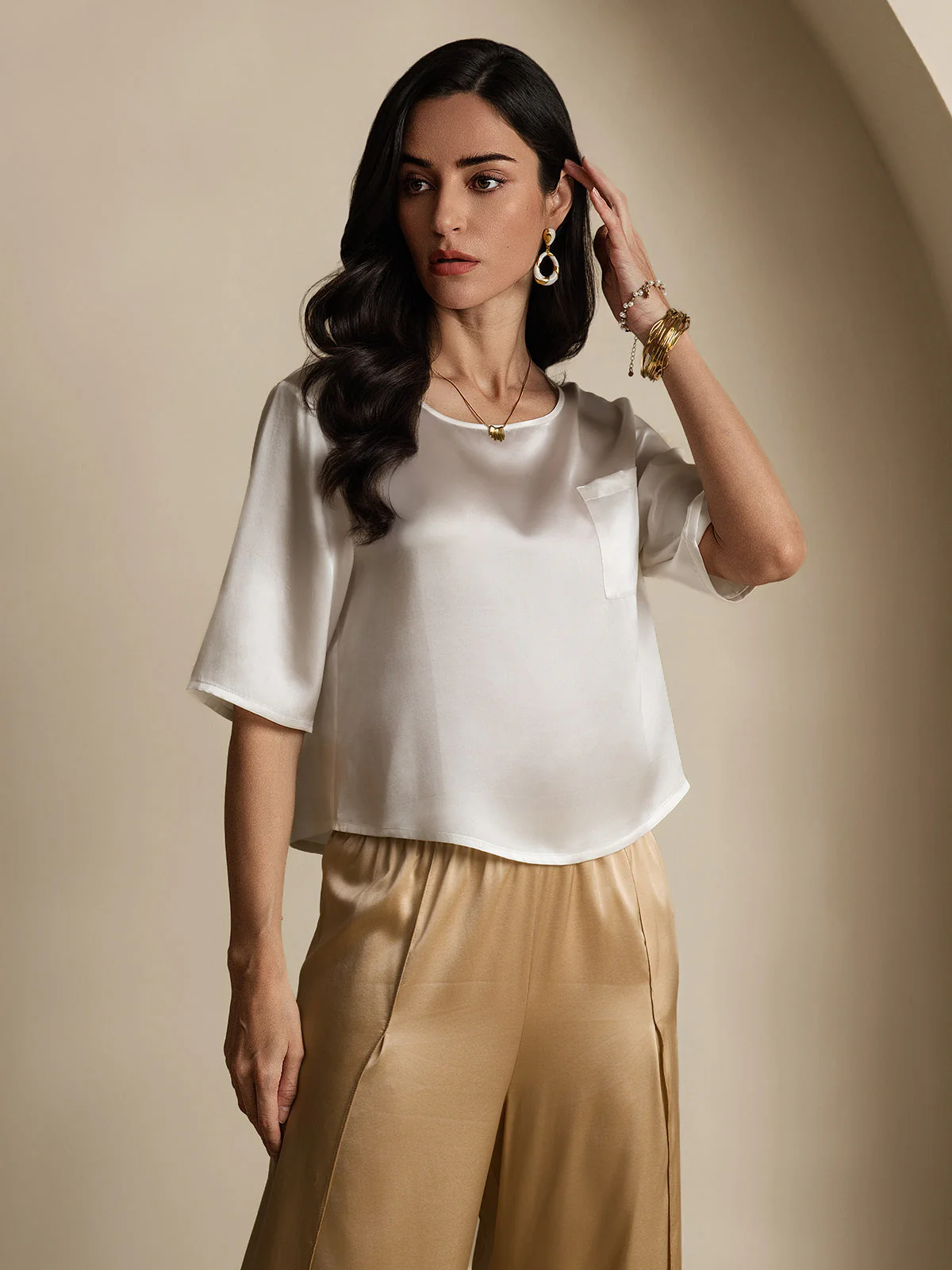 100% Mulberry Silk Women's Blouse Short Sleeve Boxy Crop Top - Image 4
