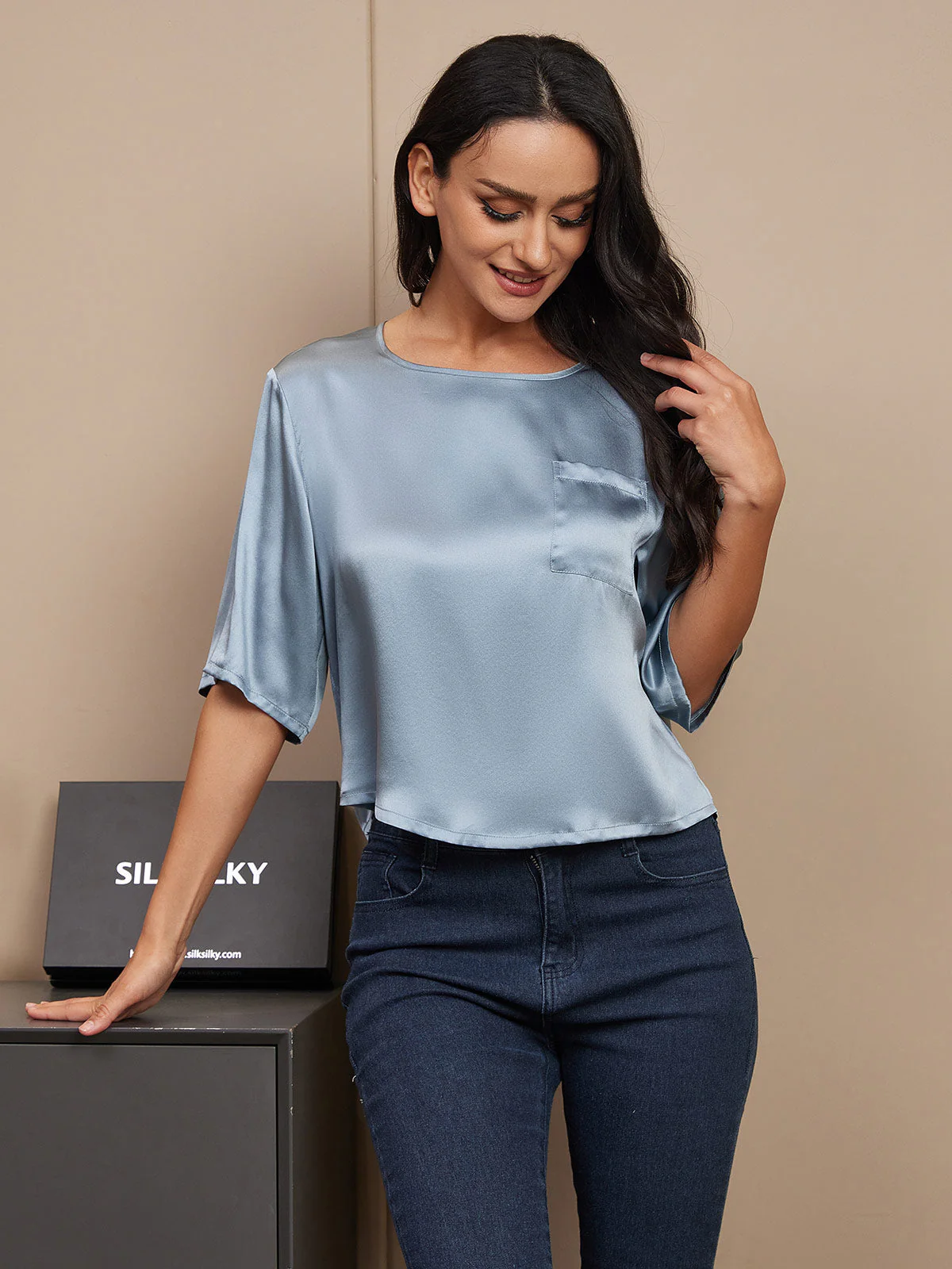 100% Mulberry Silk Women's Blouse Short Sleeve Boxy Crop Top - Image 46