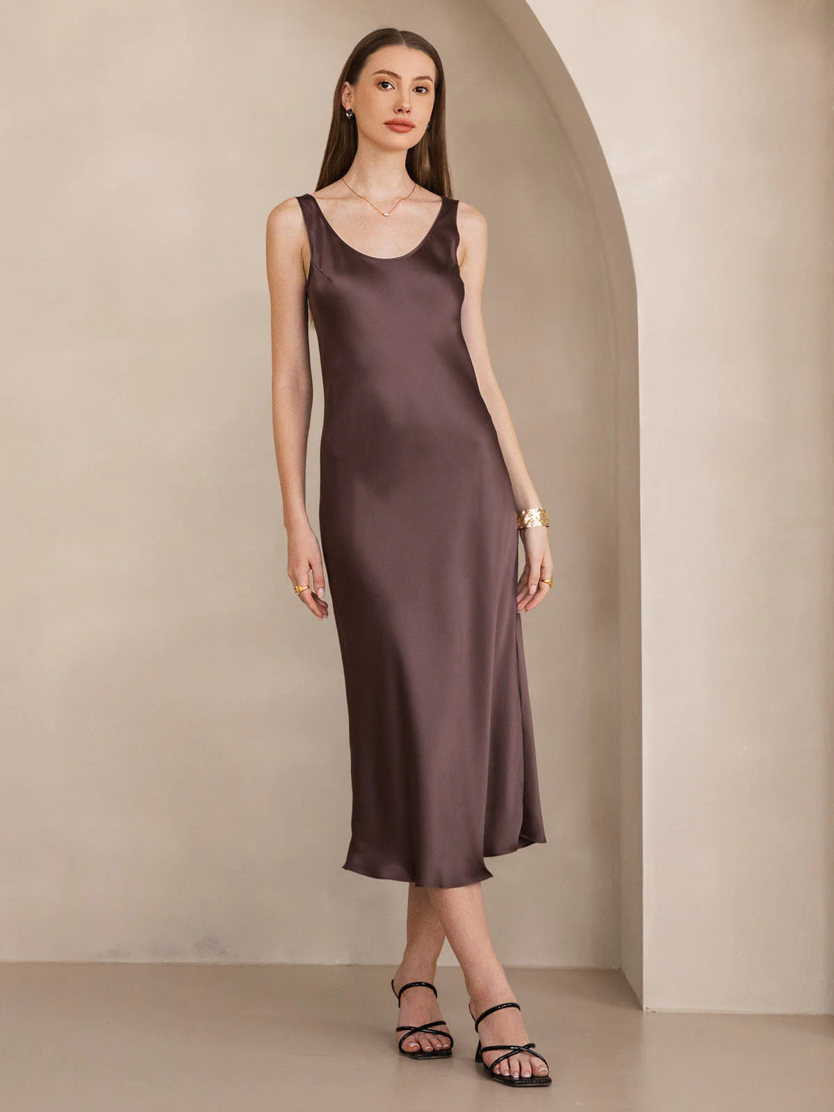 100% Mulberry Silk Sleeveless U Neck Midi Long Dress - Image 20