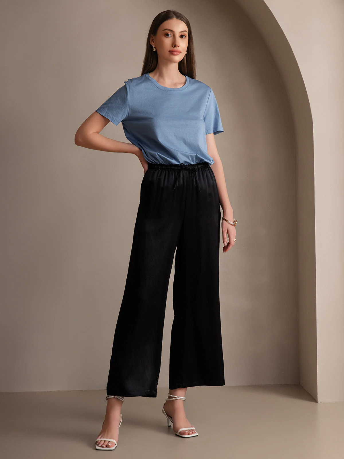 100% Mulberry Silk Wide Leg Women's Pants with Elastic Waist Design - Image 11