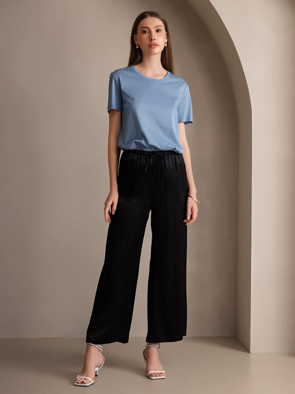 100% Mulberry Silk Wide Leg Women's Pants with Elastic Waist Design - Image 12