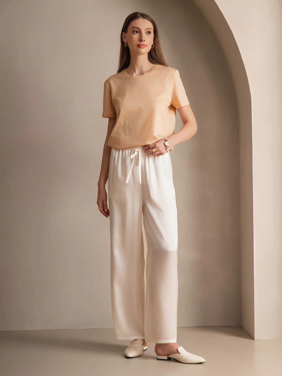 100% Mulberry Silk Wide Leg Women's Pants with Elastic Waist Design - Image 32
