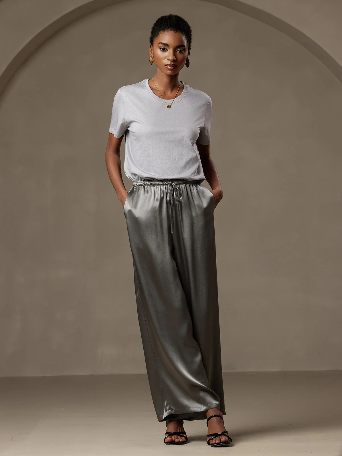 100% Mulberry Silk Wide Leg Women's Pants with Elastic Waist Design - Image 6