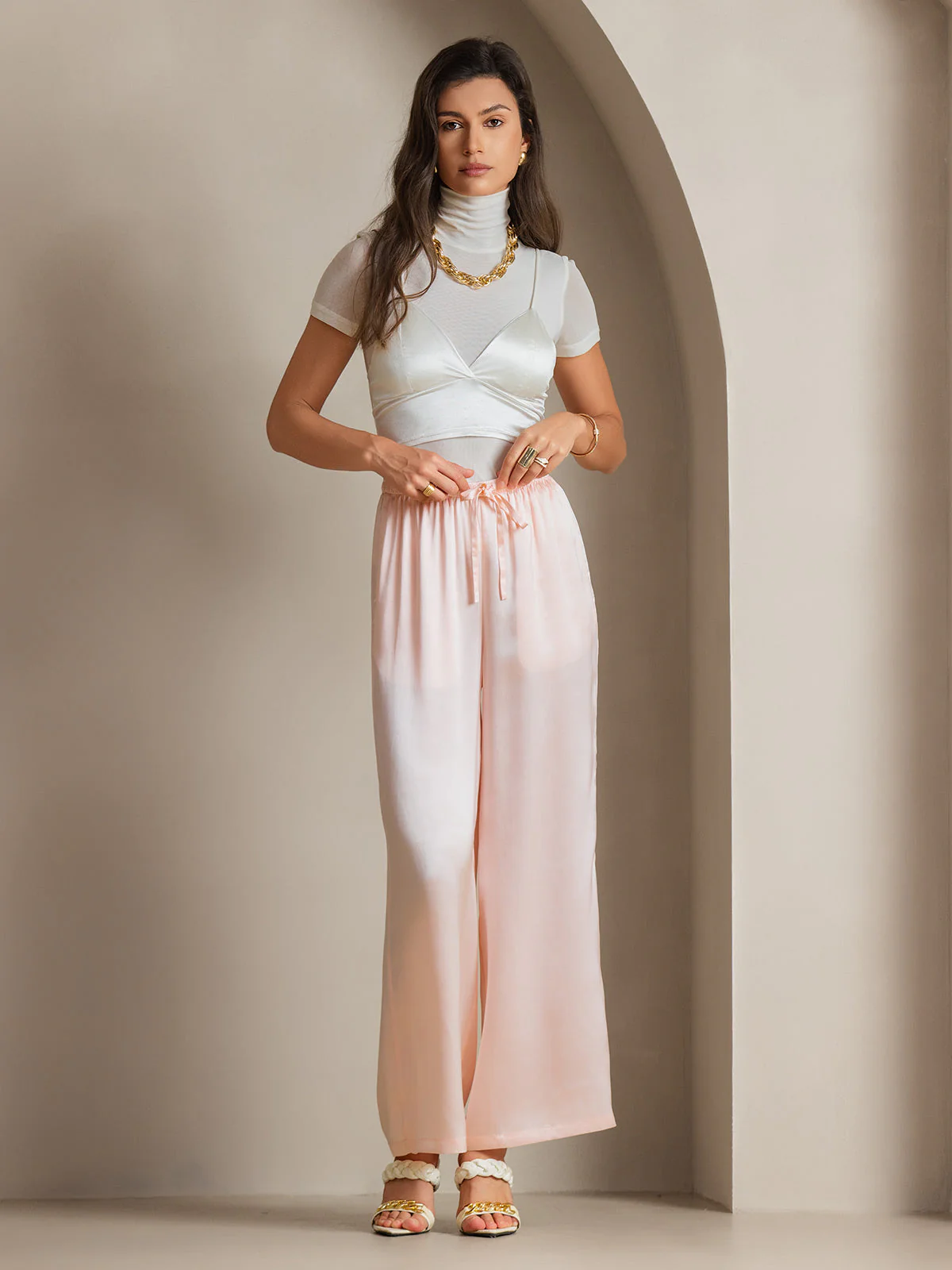 100% Mulberry Silk Wide Leg Women's Pants with Elastic Waist Design - Image 63