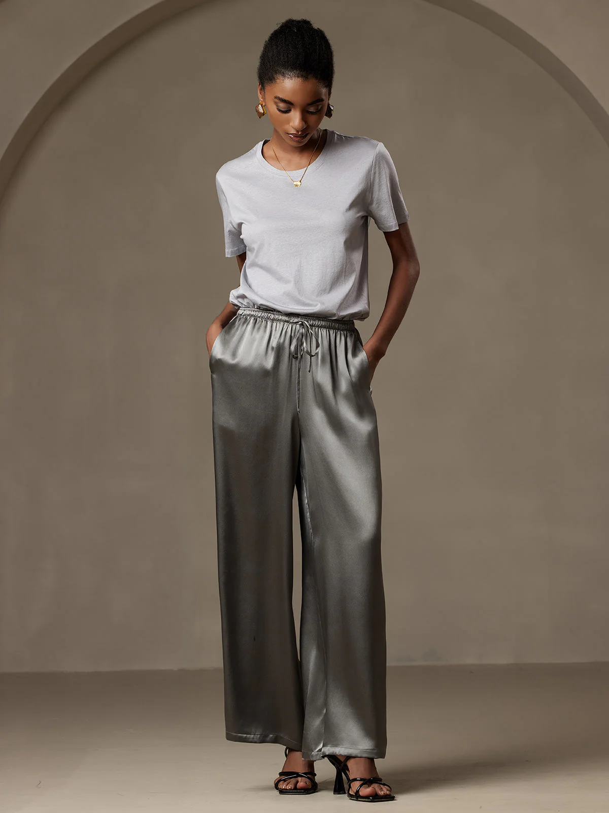100% Mulberry Silk Wide Leg Women's Pants with Elastic Waist Design - Image 8