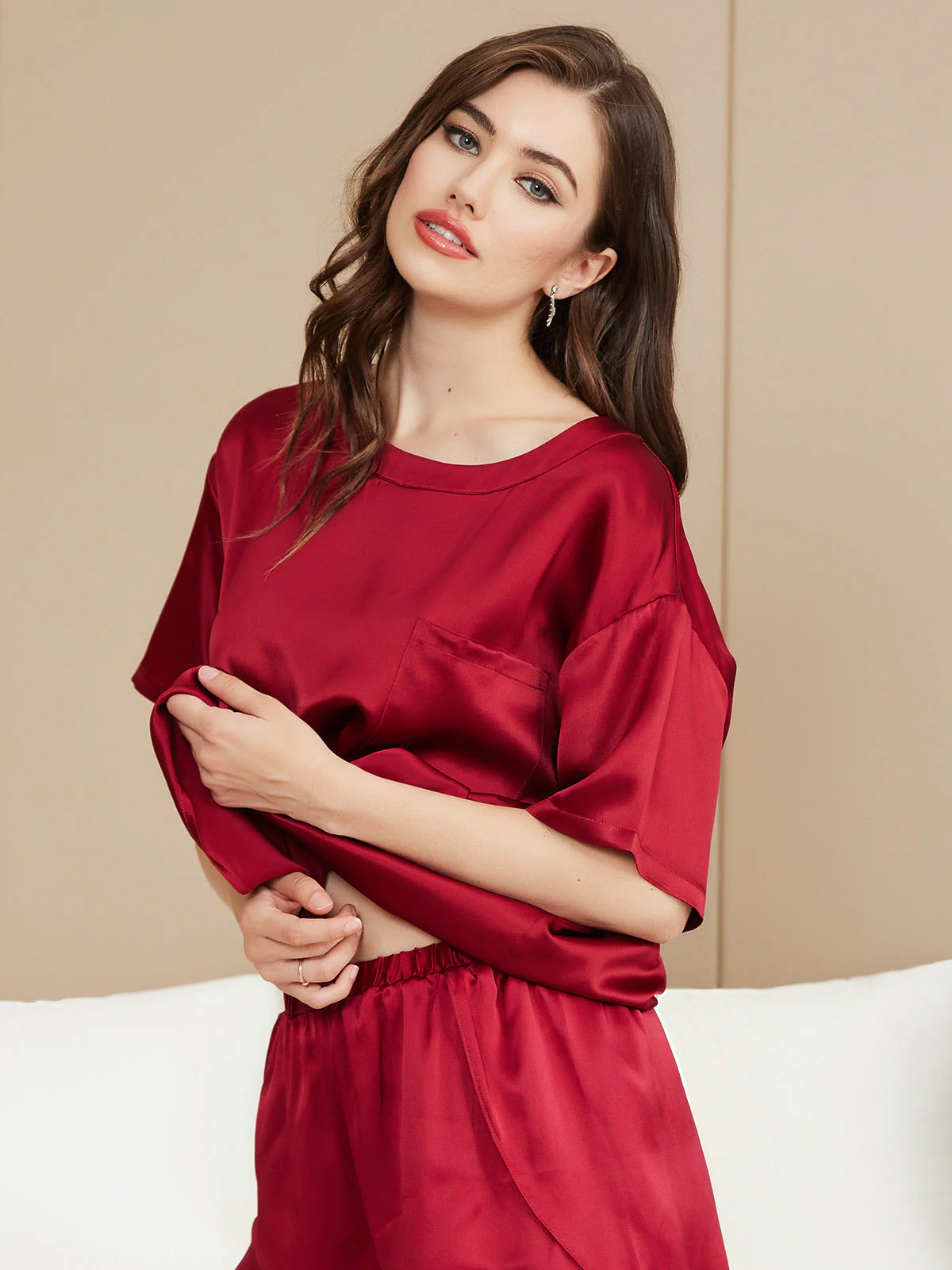 100% Mulberry Silk Short Sleeve Round Neck Womens Sleep Tee (Shorts Not Included) - Image 14