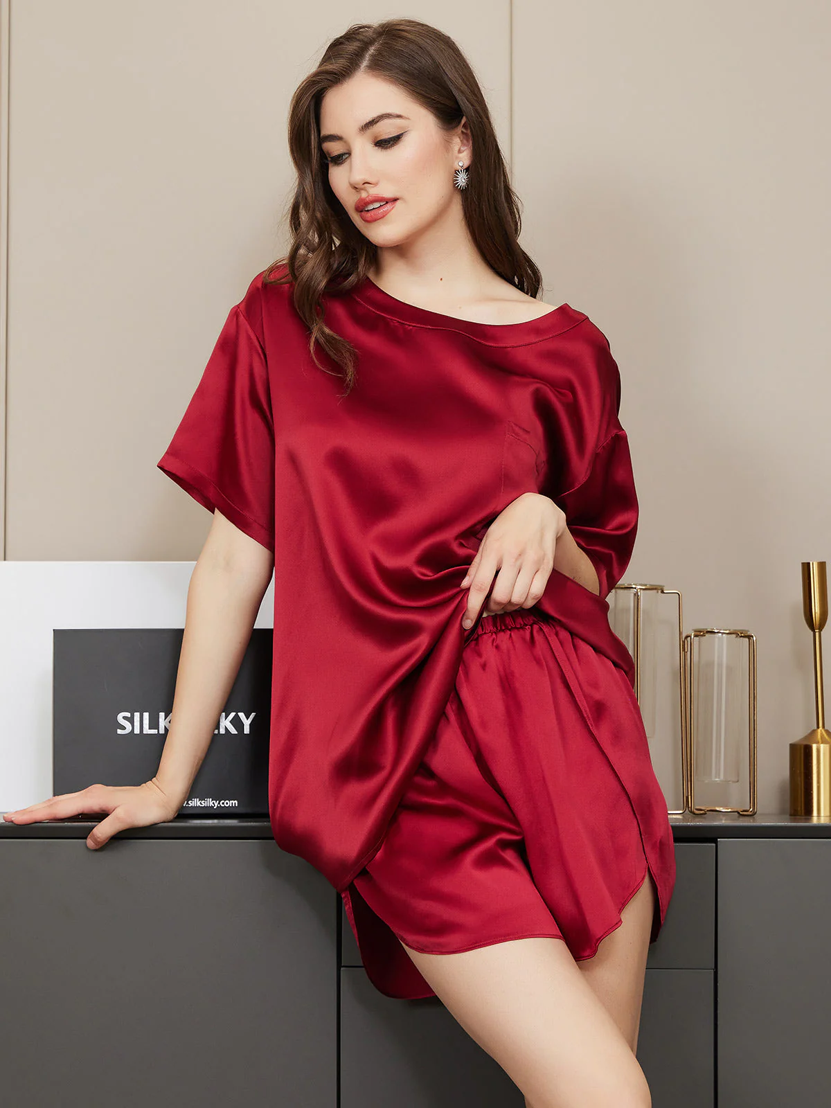 100% Mulberry Silk Short Sleeve Round Neck Womens Sleep Tee (Shorts Not Included) - Image 16