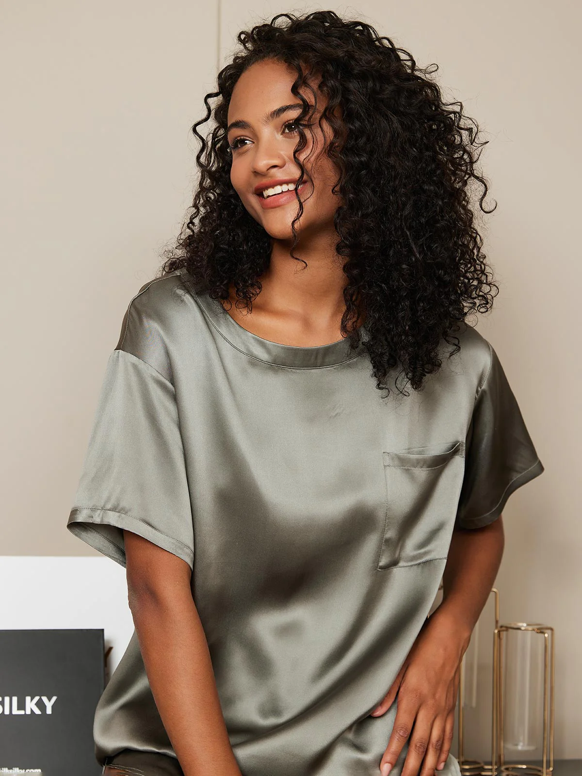 100% Mulberry Silk Short Sleeve Round Neck Womens Sleep Tee (Shorts Not Included) - Image 3