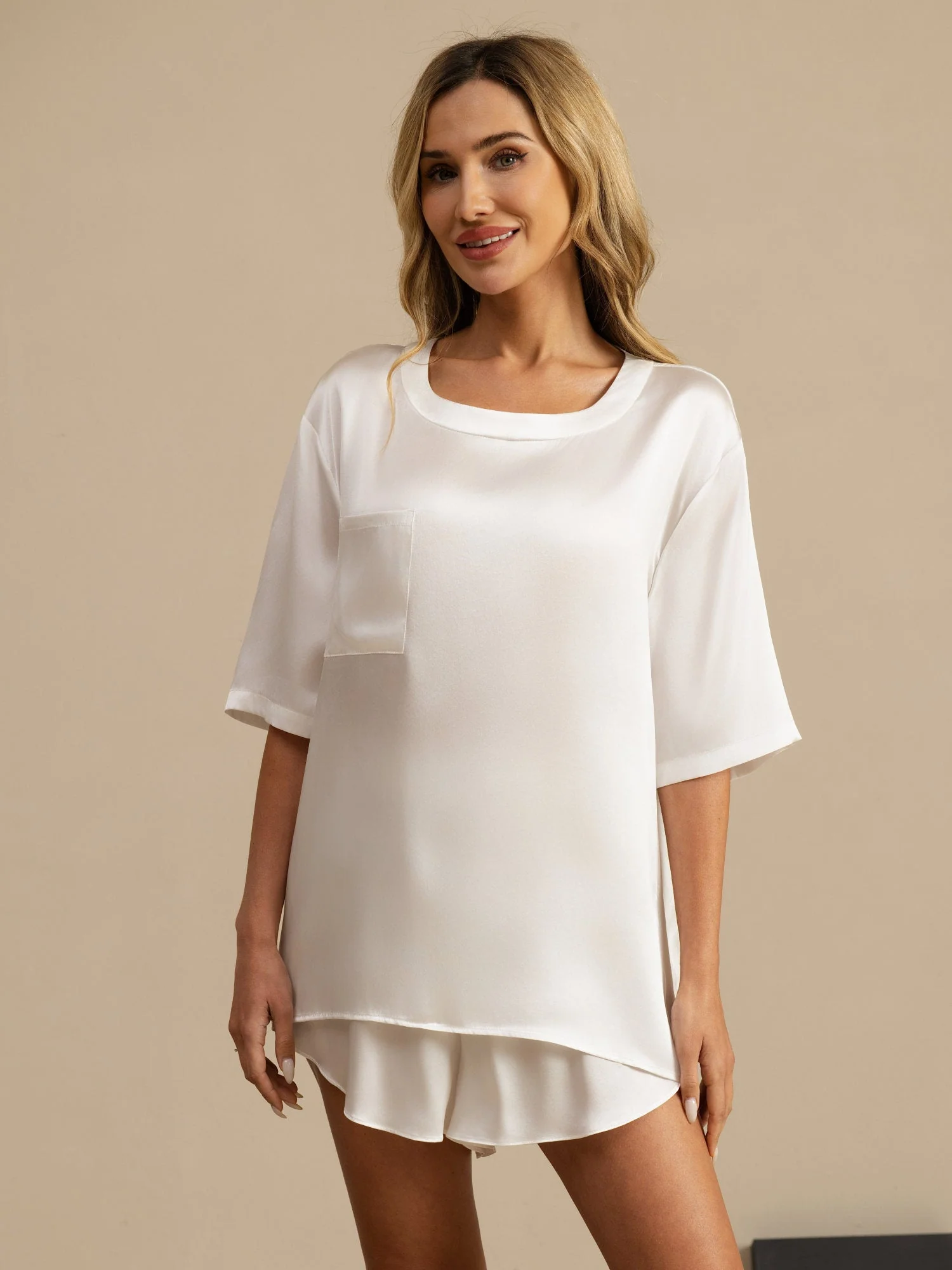 100% Mulberry Silk Short Sleeve Round Neck Womens Sleep Tee (Shorts Not Included) - Image 8