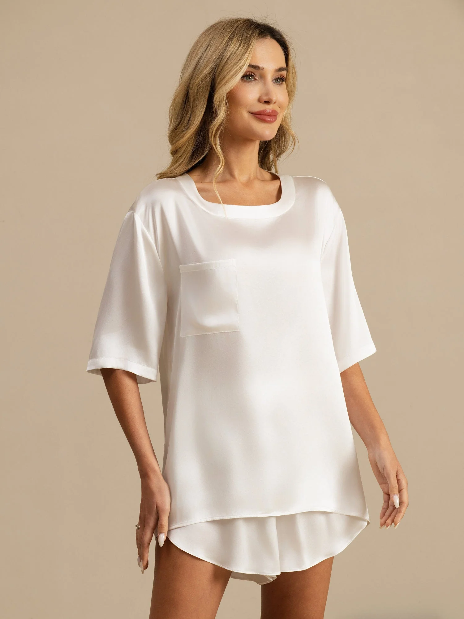 100% Mulberry Silk Short Sleeve Round Neck Womens Sleep Tee (Shorts Not Included) - Image 9