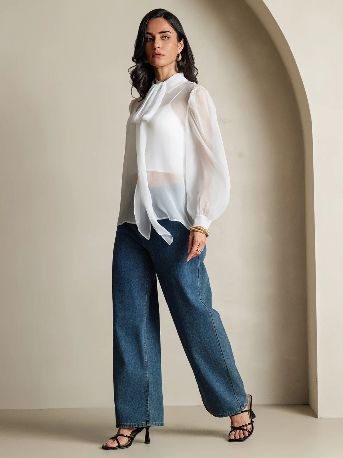 Clearance - Pure Silk Chiffon Women's Lantern Sleeve Tie Neck Sheer Blouse - Image 6