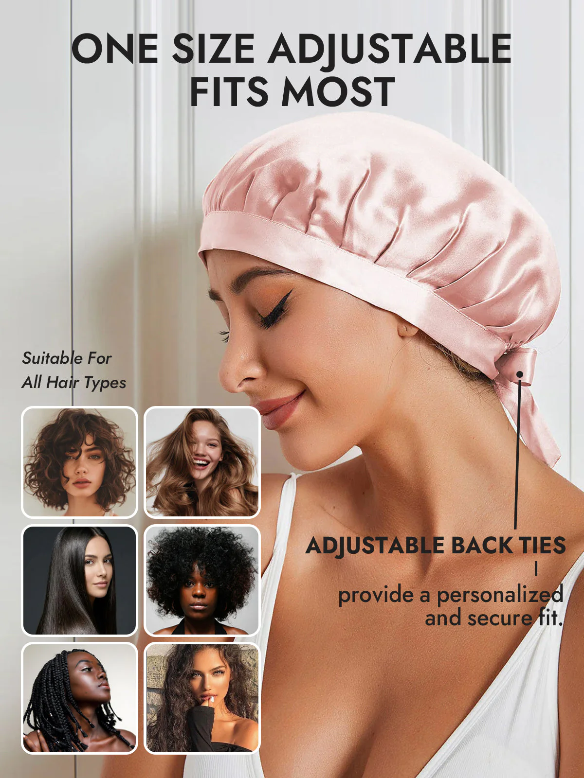 100% Mulberry Silk Sleep Bonnet with Ribbons - Image 48