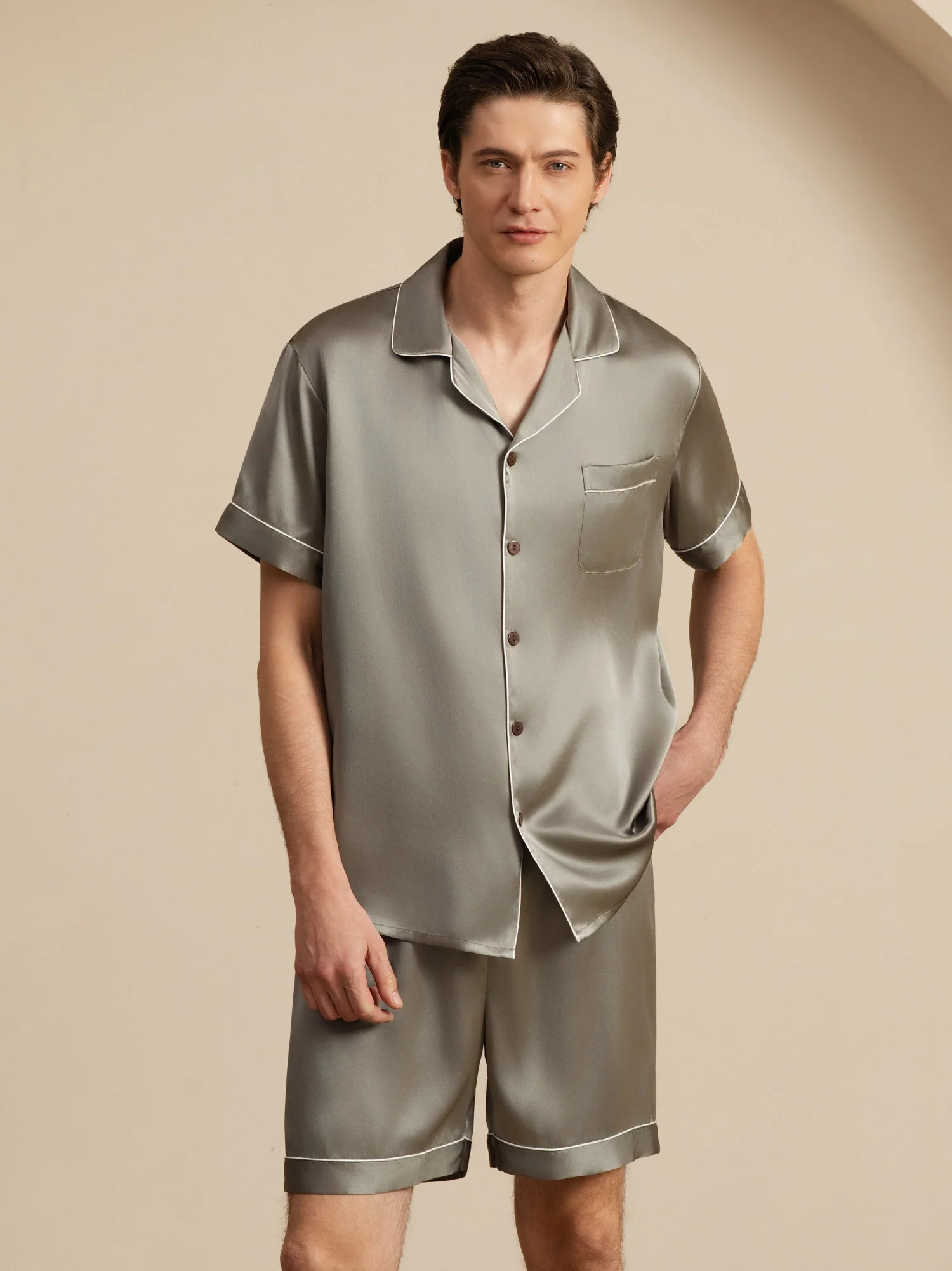 100% Mulberry Silk Short Sleeve Notch Collar Men's Pajamas Set with Shorts - Image 17