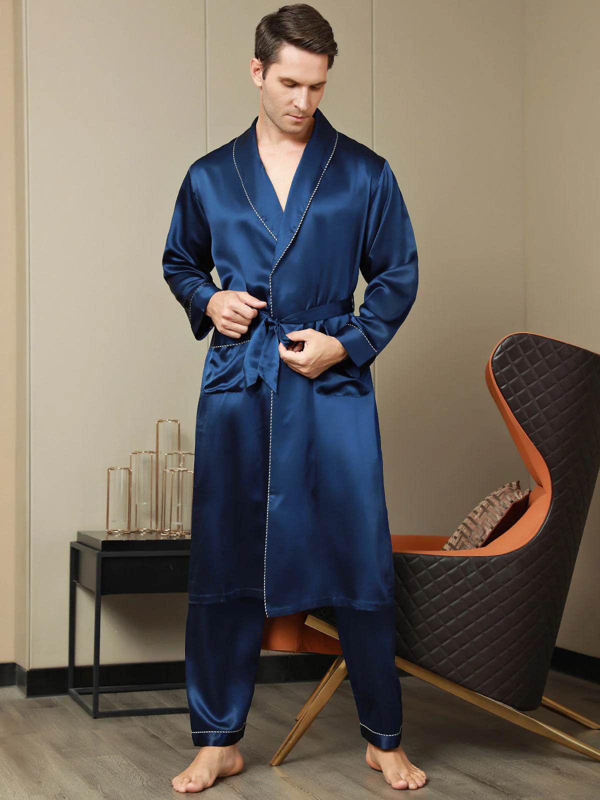 100% Mulberry Silk Contrast Piping Shawl Collar Men's Robe (Without Pants) - Image 6