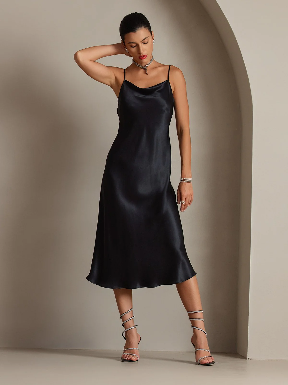 Clearance - 100% Mulberry Silk Cowl Neck Midi Dress - Image 14