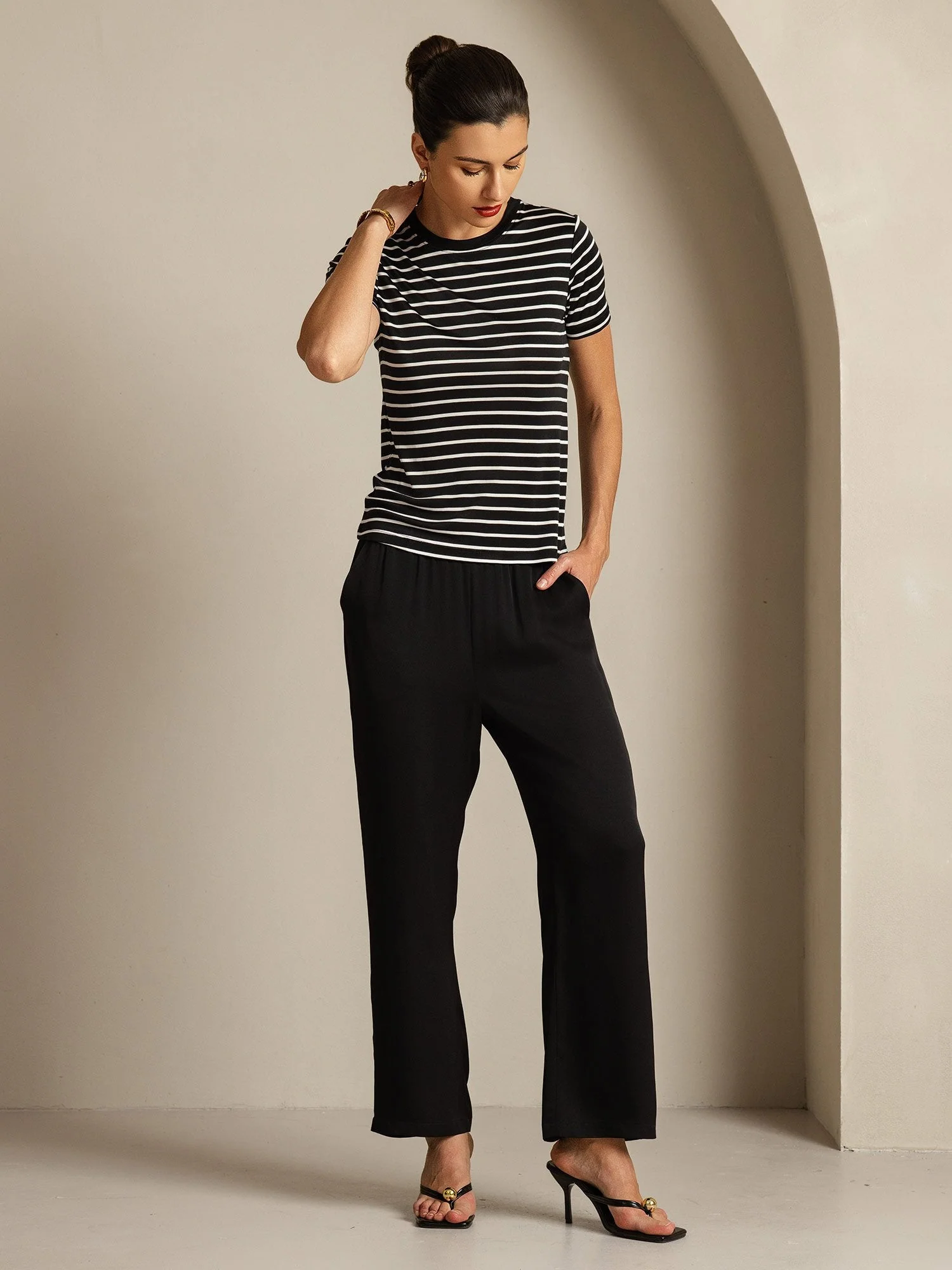 100% Mulberry Silk Crew Neck Short Sleeve Women's Sport Stripe Print T-Shirt - Image 15