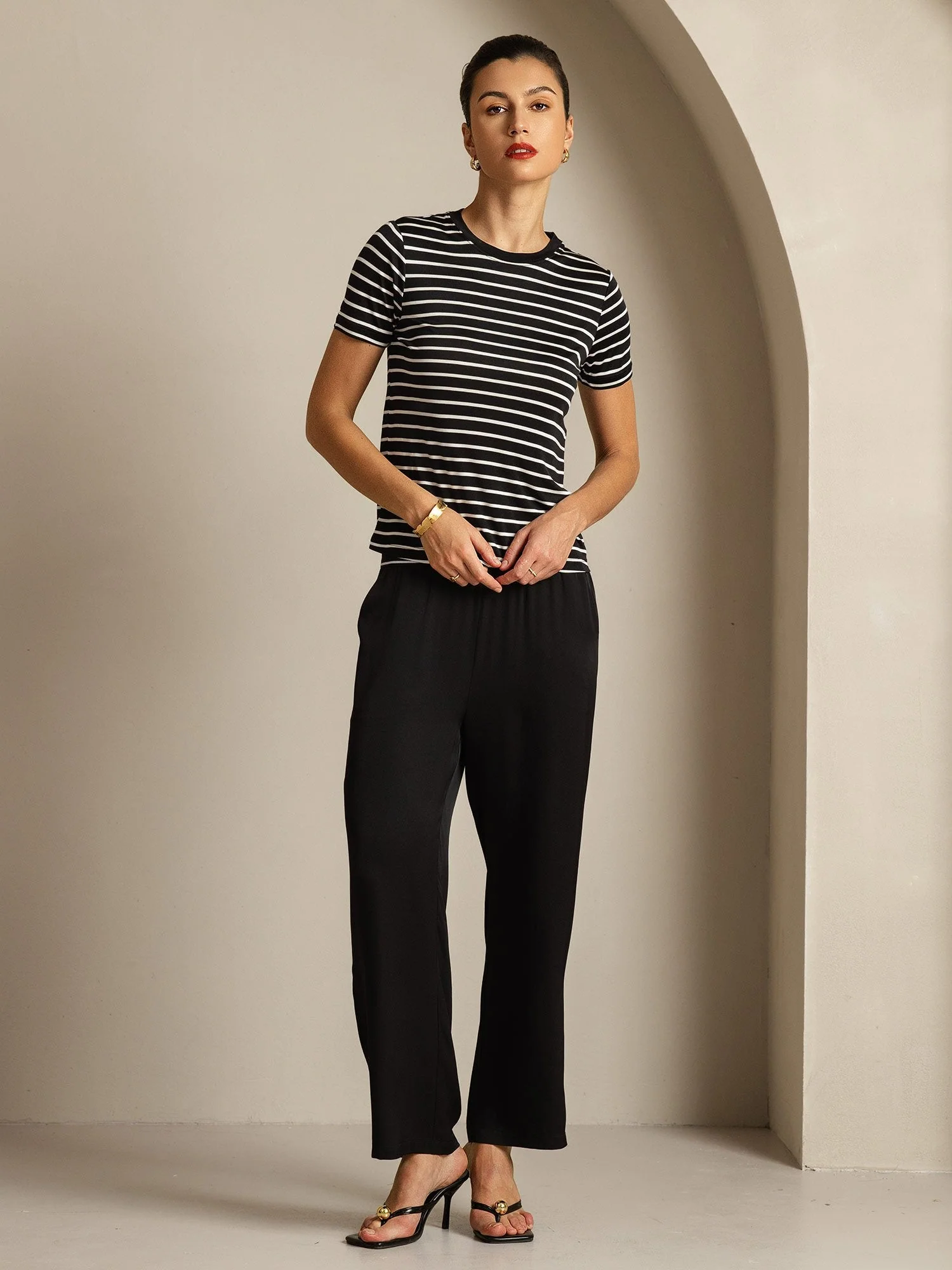 100% Mulberry Silk Crew Neck Short Sleeve Women's Sport Stripe Print T-Shirt - Image 16