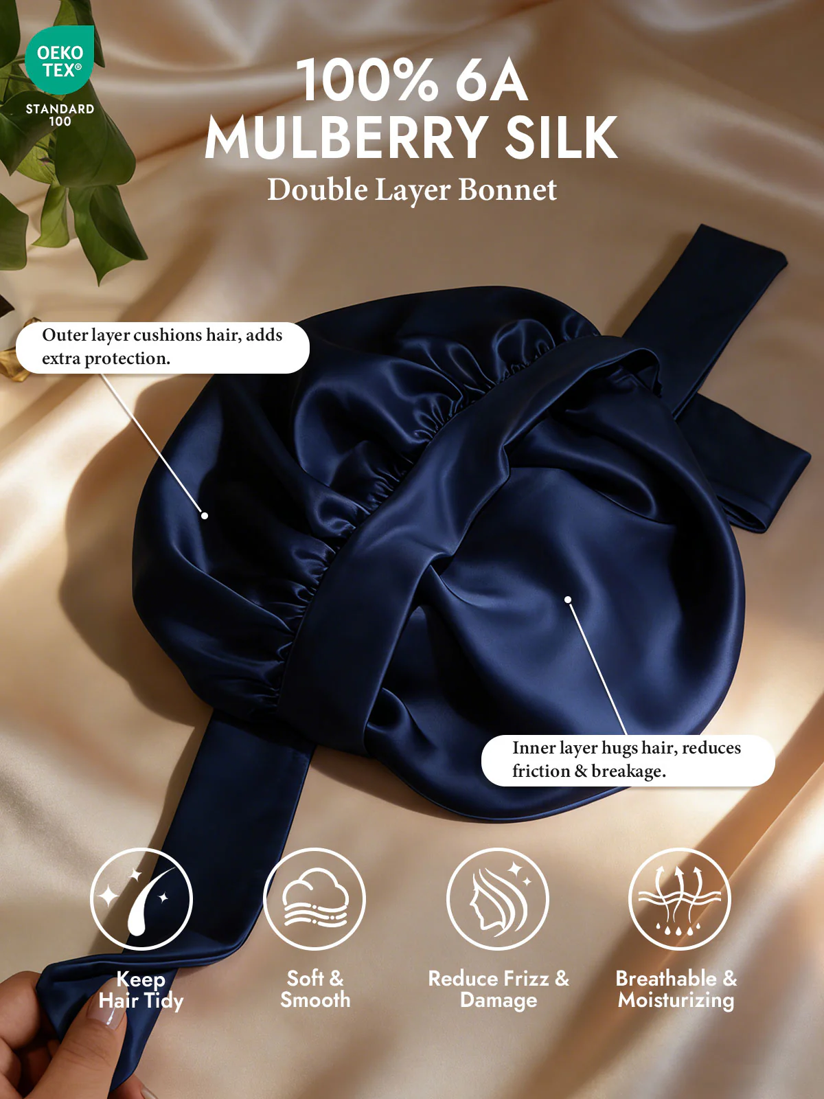 100% Mulberry Silk Double-Layer Bonnet with Adjustable Long Tie - Image 20