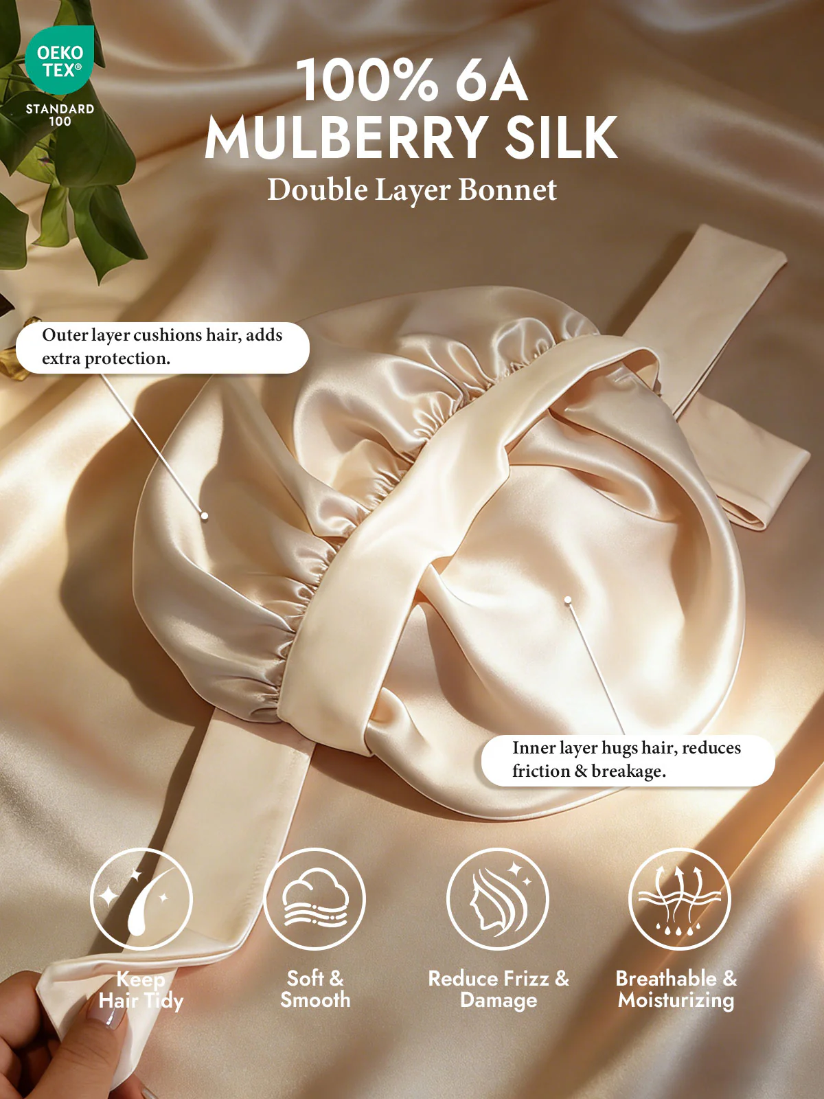 100% Mulberry Silk Double-Layer Bonnet with Adjustable Long Tie - Image 32
