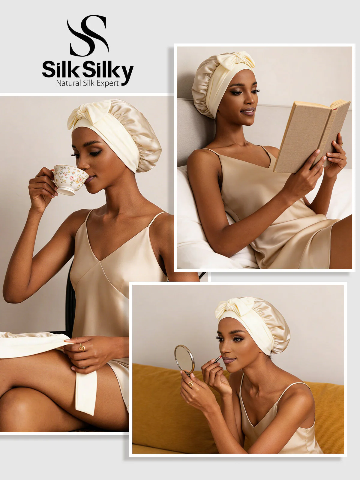 100% Mulberry Silk Double-Layer Bonnet with Adjustable Long Tie - Image 36