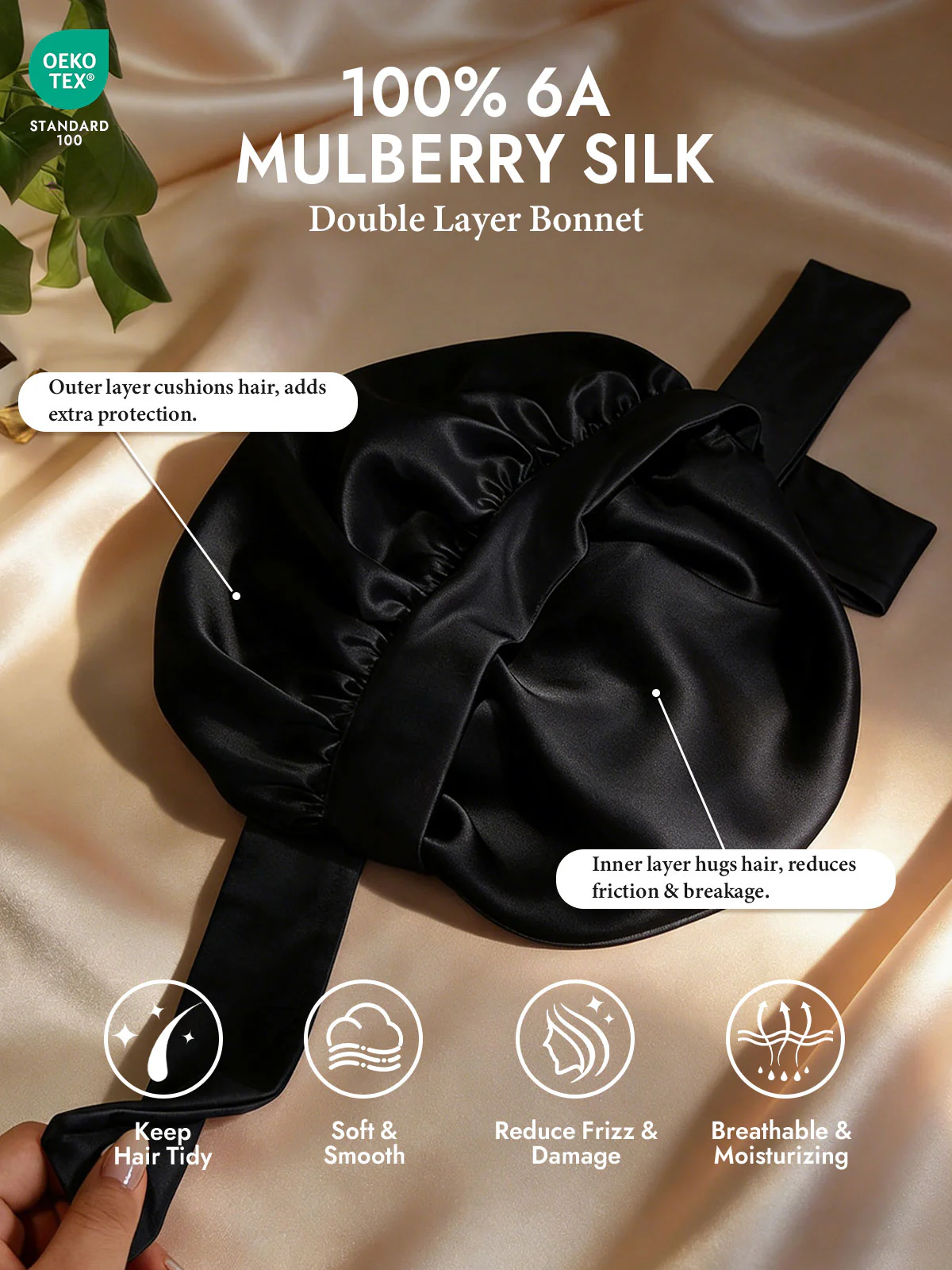 100% Mulberry Silk Double-Layer Bonnet with Adjustable Long Tie - Image 8
