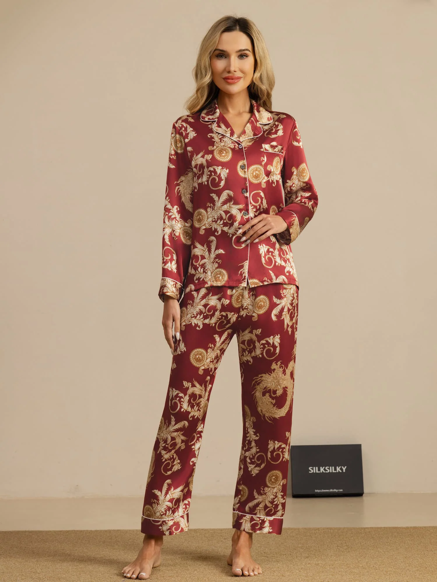 100% Mulberry Silk Dragon Print Long Sleeve Notch Collar Women's Pajamas Set With Pants