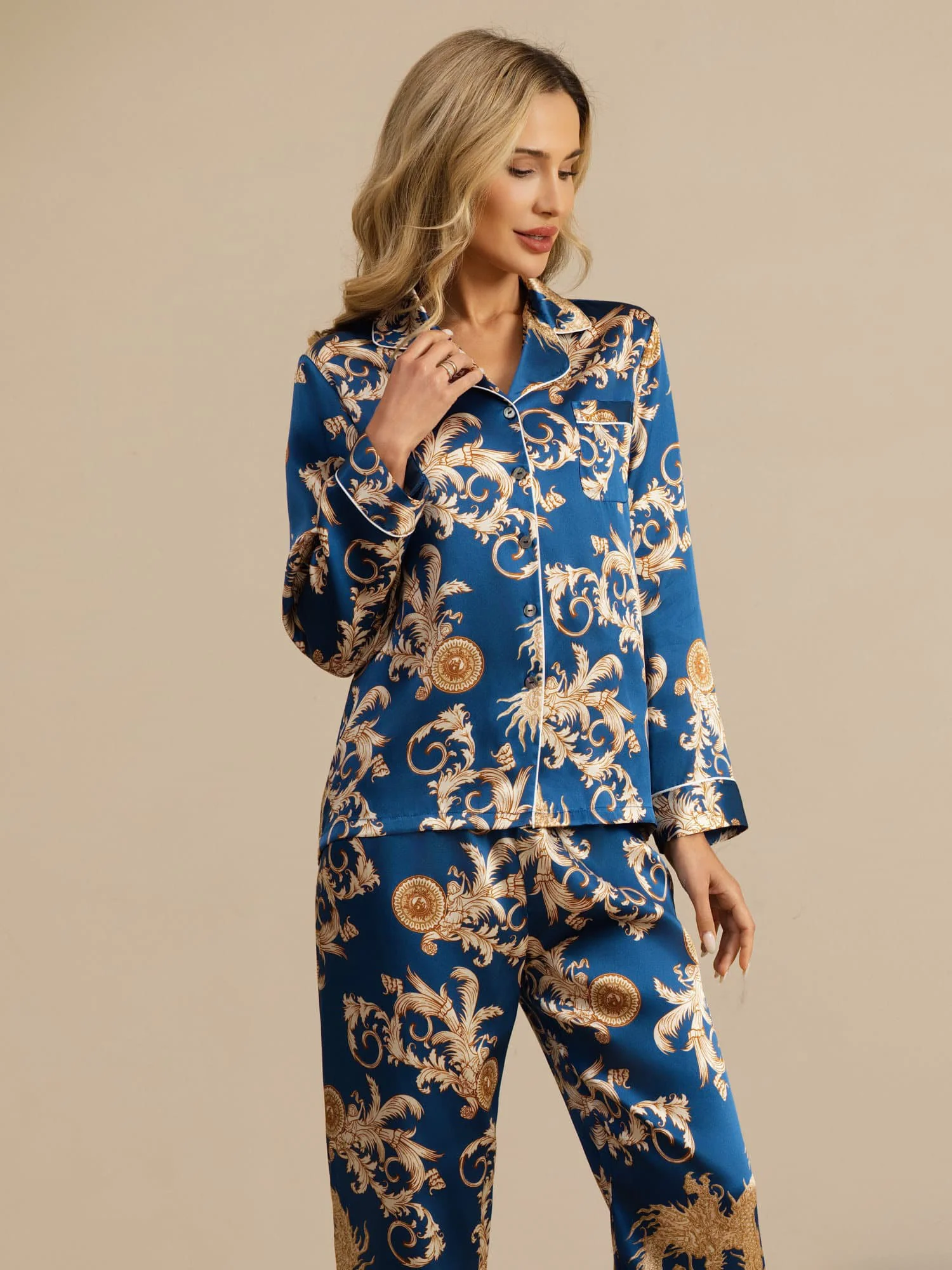 100% Mulberry Silk Dragon Print Long Sleeve Notch Collar Women's Pajamas Set With Pants - Image 21