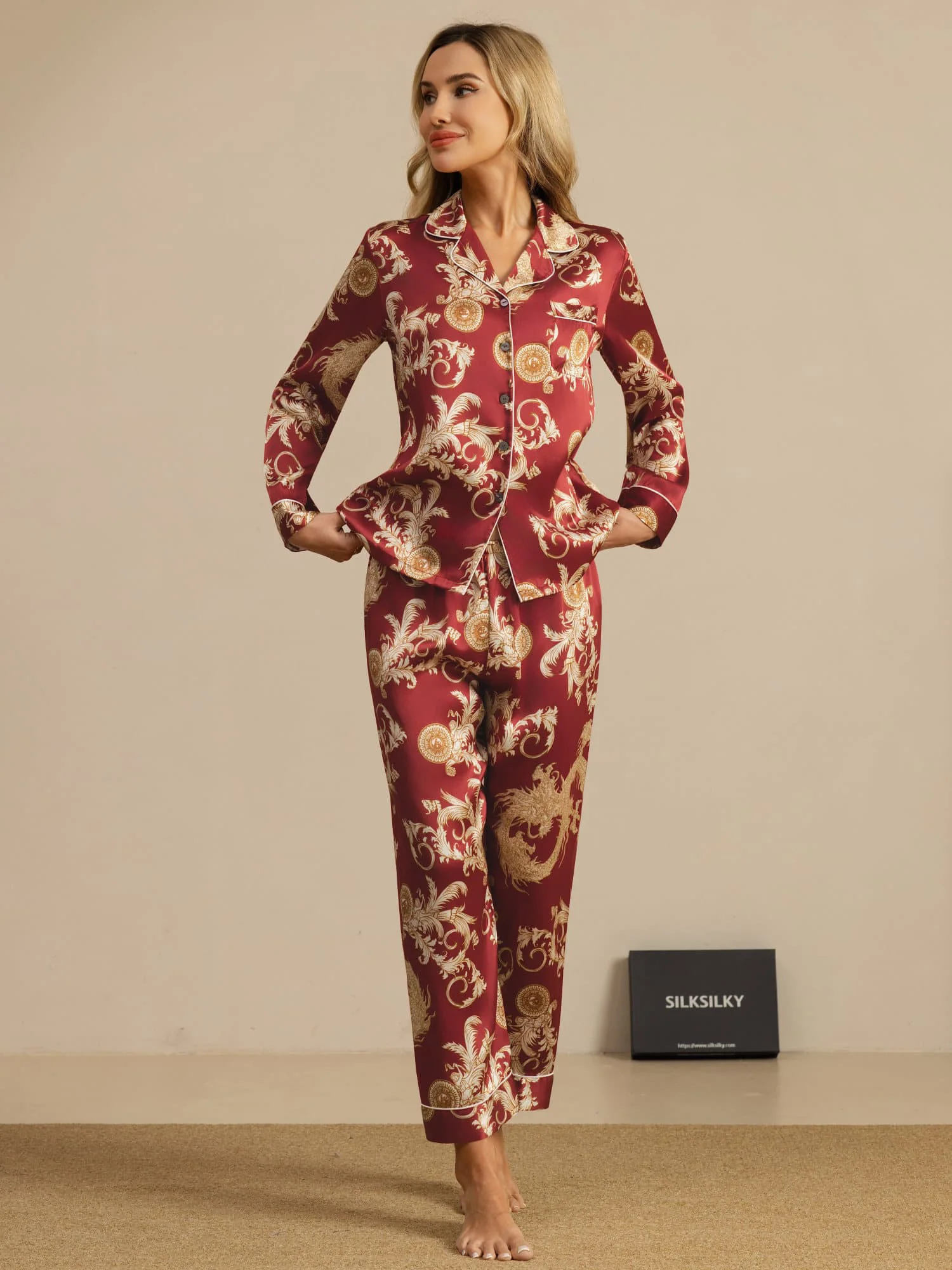 100% Mulberry Silk Dragon Print Long Sleeve Notch Collar Women's Pajamas Set With Pants - Image 6