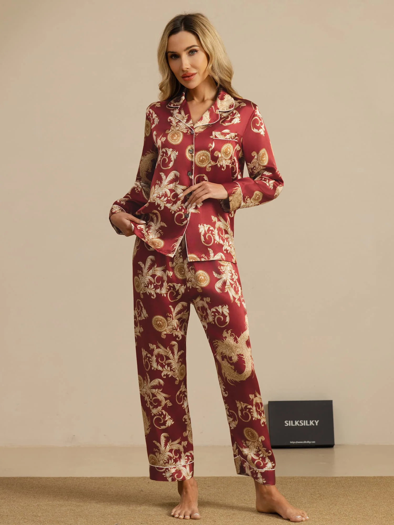 100% Mulberry Silk Dragon Print Long Sleeve Notch Collar Women's Pajamas Set With Pants - Image 8