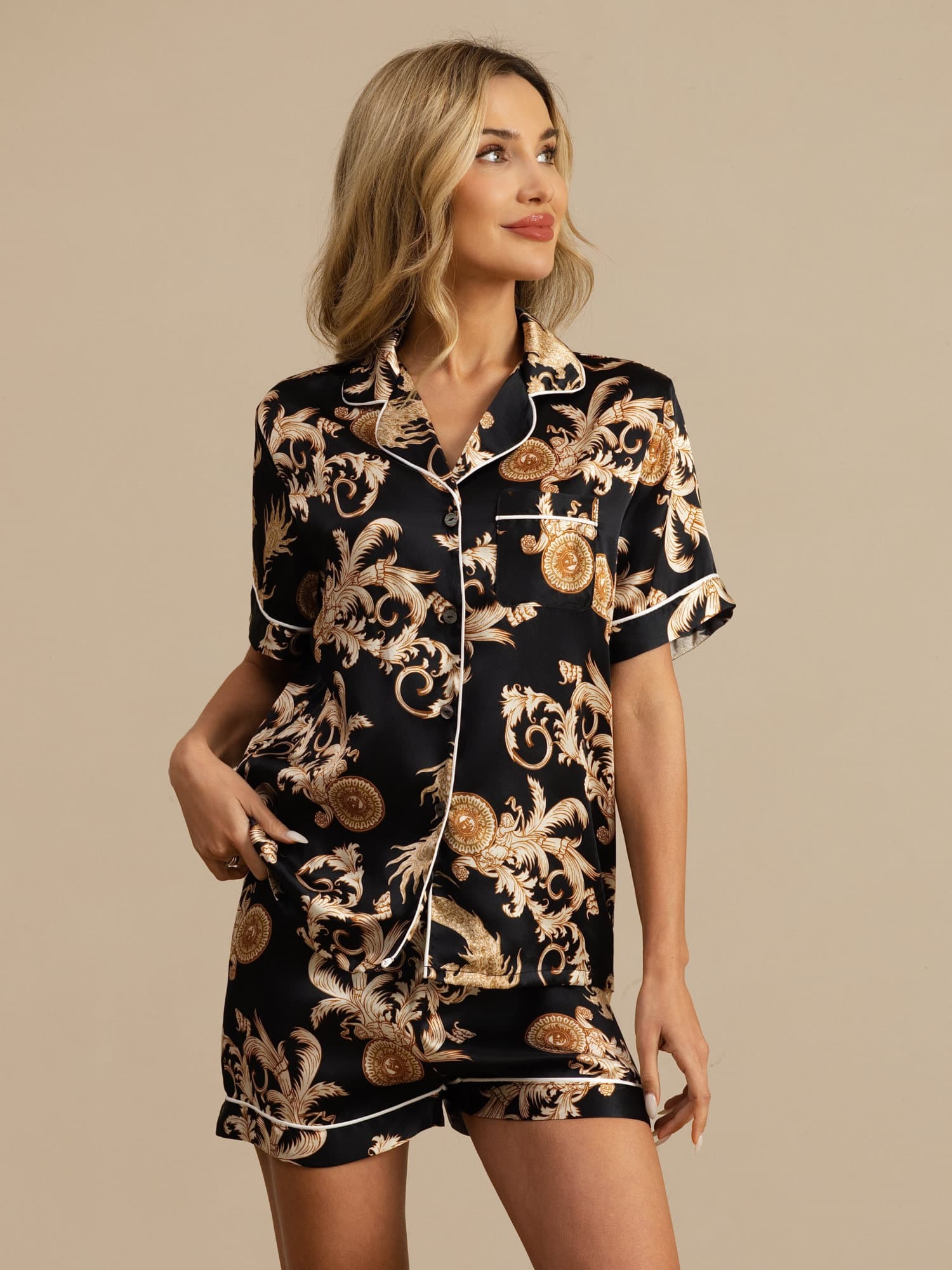 Women's 100% Mulberry Silk Dragon Print Short Sleeve Notch Collar Pajamas Set With Shorts - Image 11