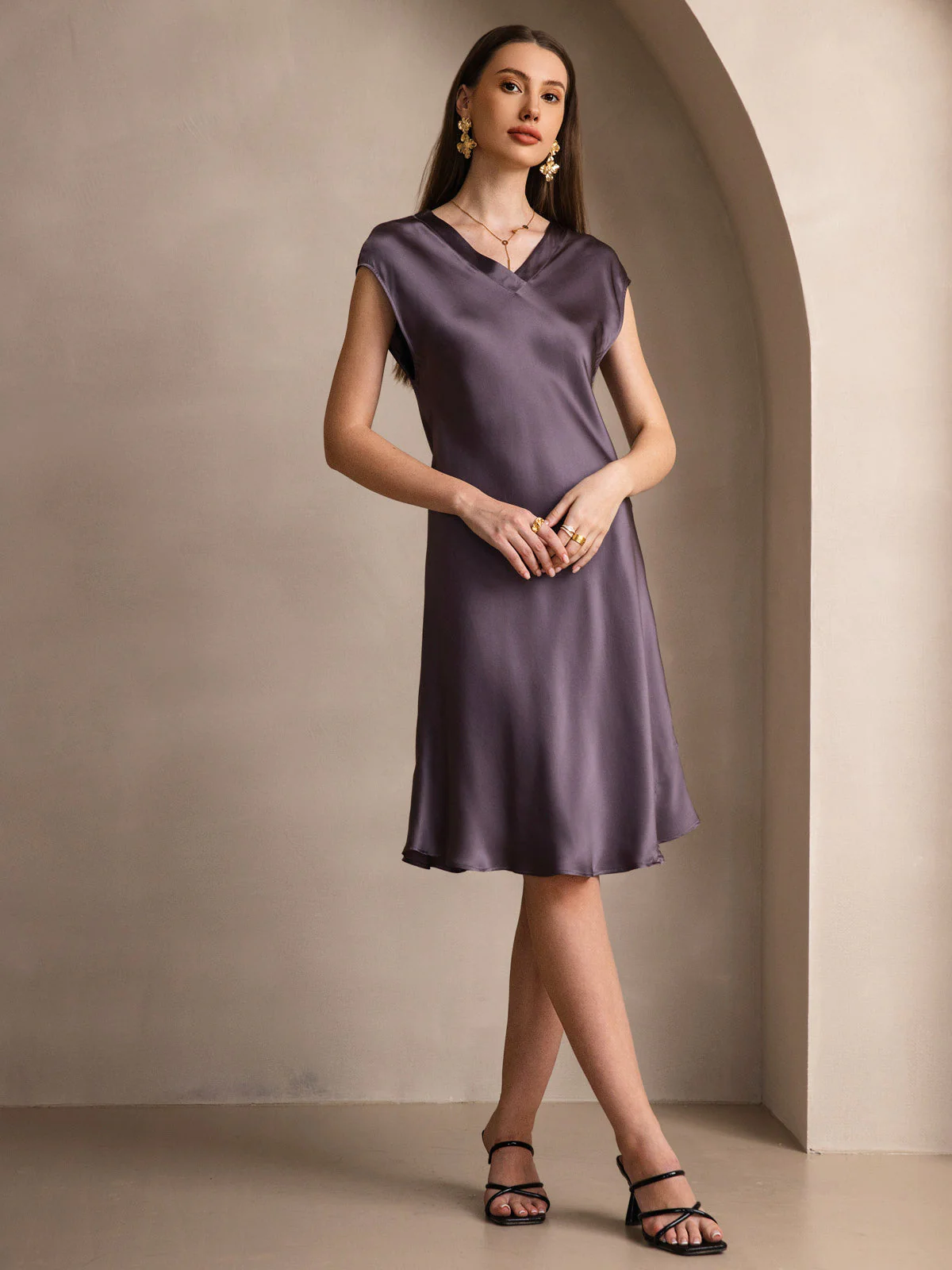 100% Mulberry Silk Cap Sleeve V Neck Knee Dress - Image 13