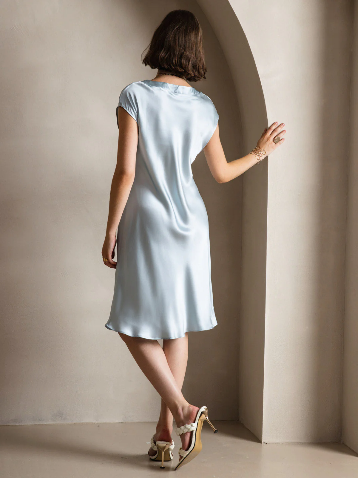 100% Mulberry Silk Cap Sleeve V Neck Knee Dress - Image 33