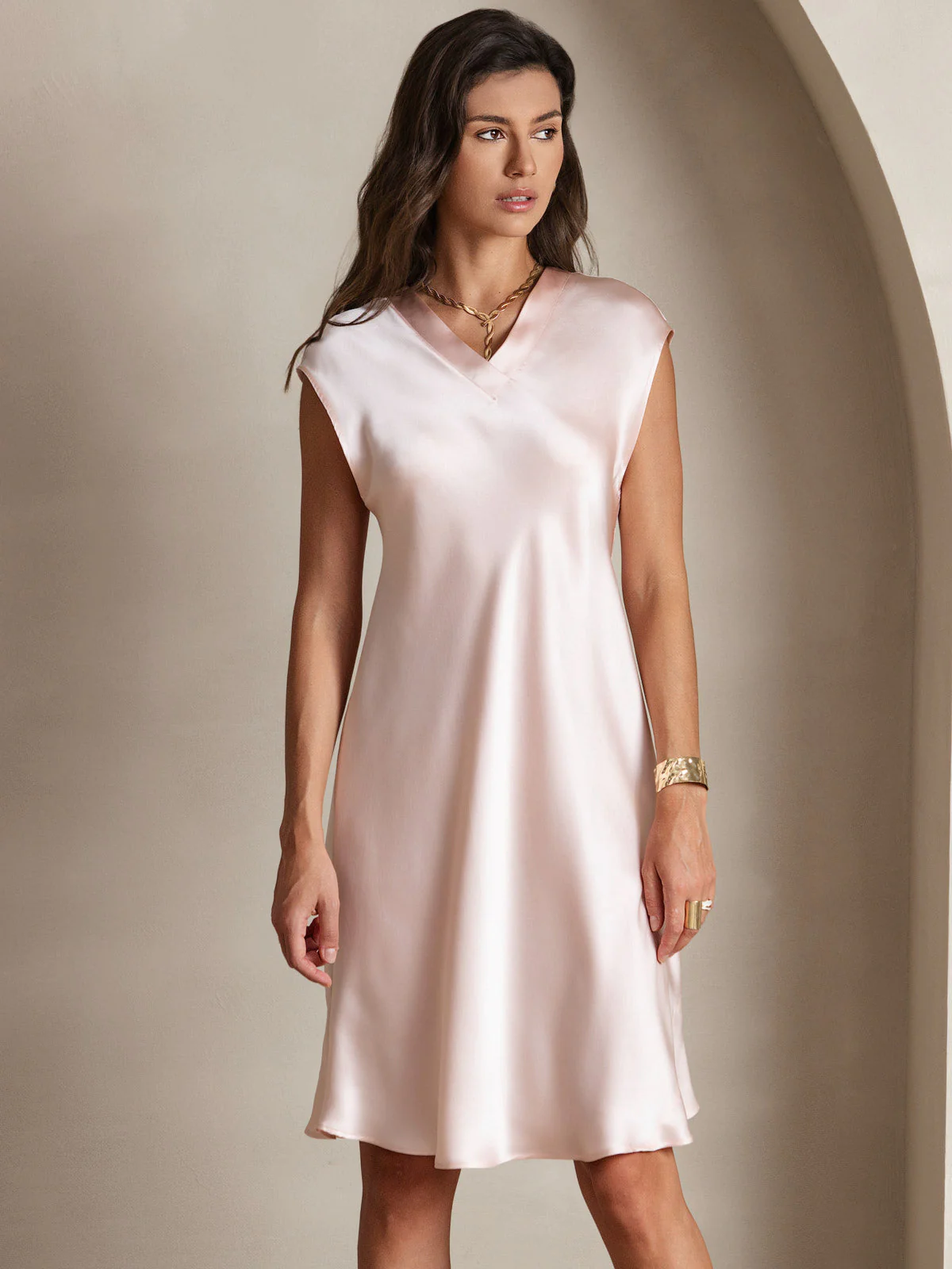 100% Mulberry Silk Cap Sleeve V Neck Knee Dress - Image 6