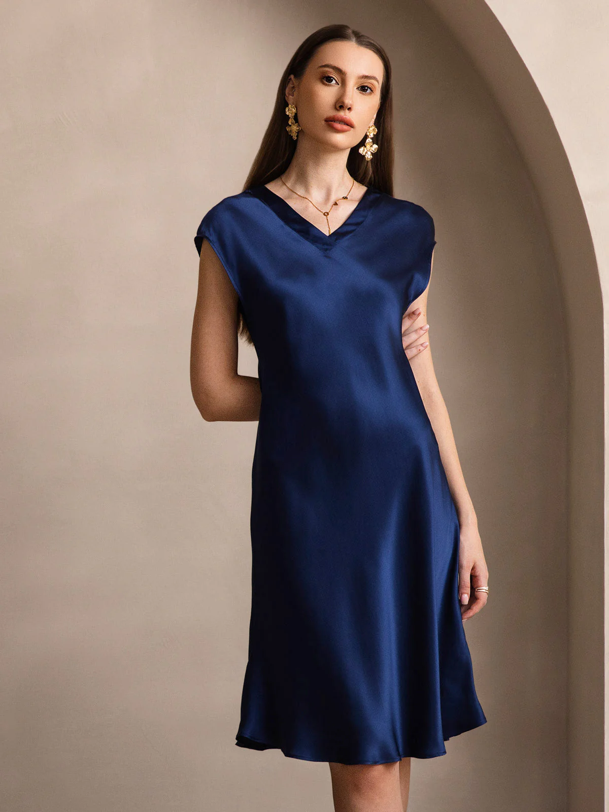 100% Mulberry Silk Cap Sleeve V Neck Knee Dress - Image 7