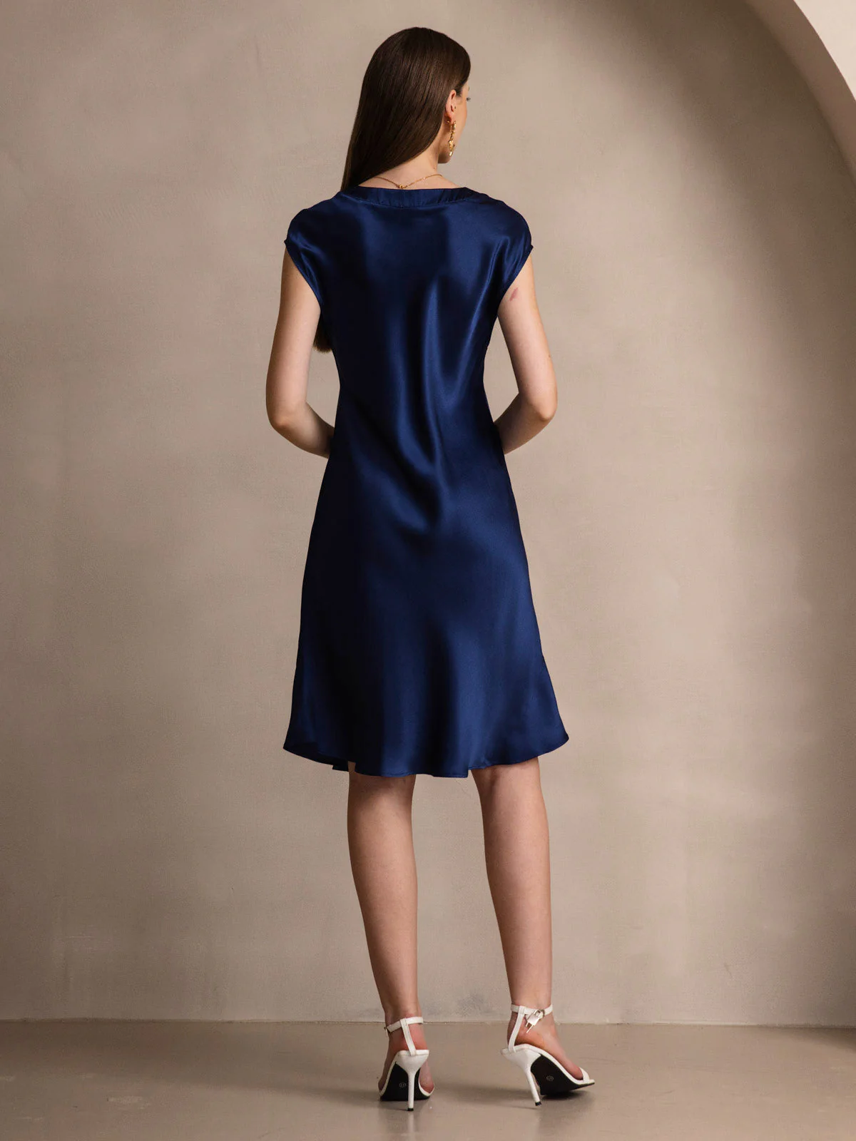 100% Mulberry Silk Cap Sleeve V Neck Knee Dress - Image 8