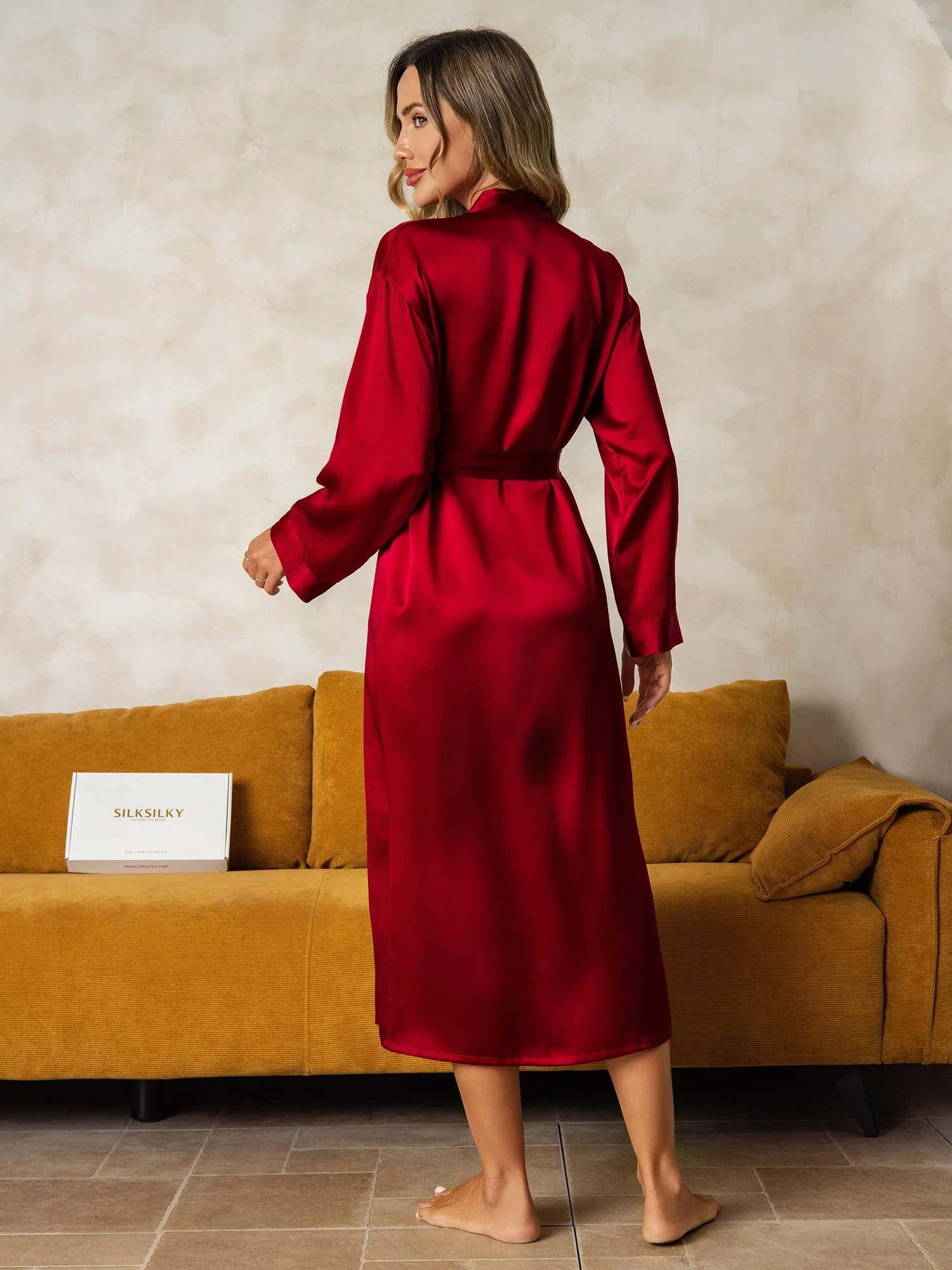 Women's 100% Mulberry Silk Long Sleeve Midi Wrap Robe - Image 39