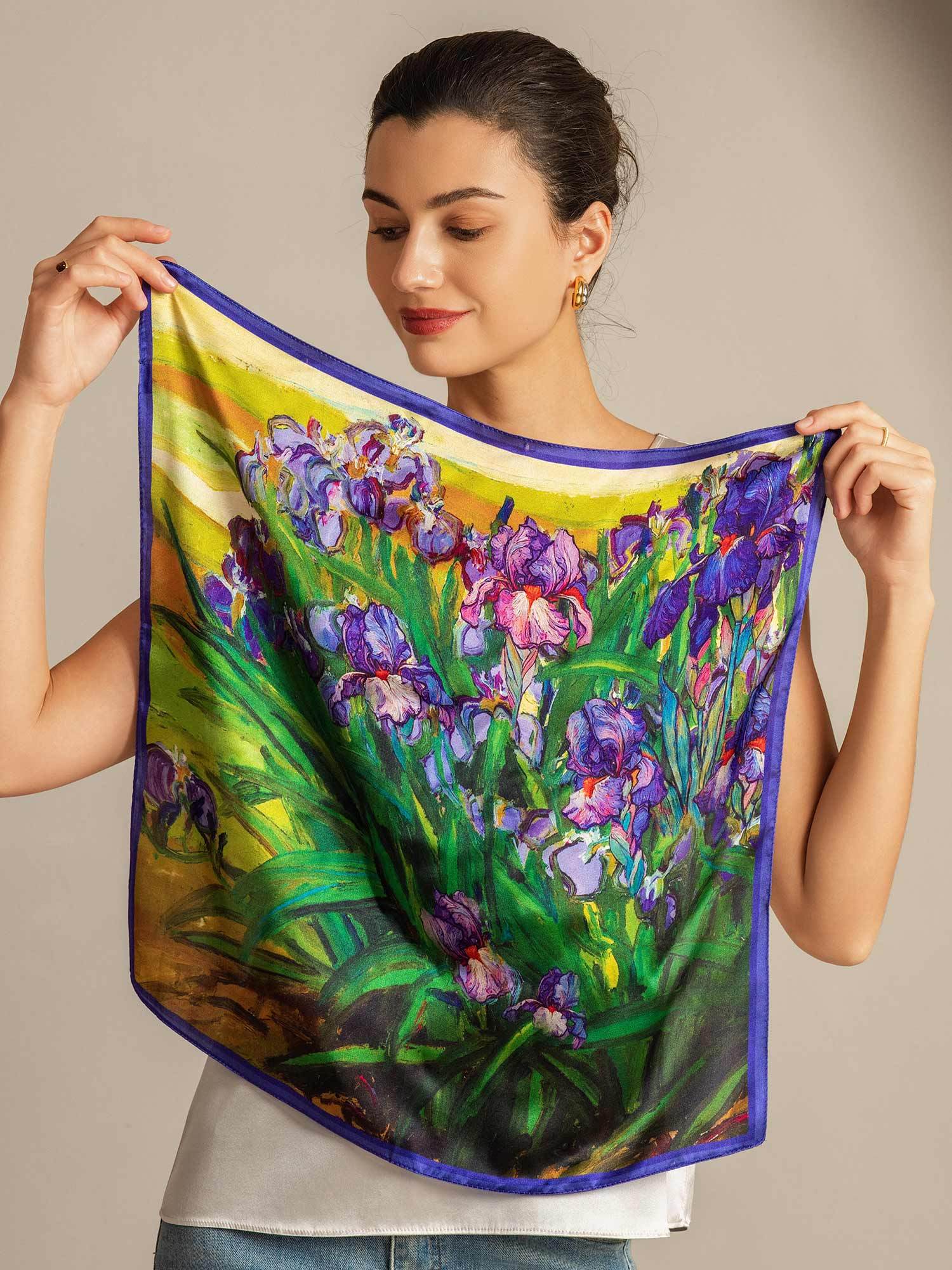 100% Mulberry Silk Floral Oil Painting Square Scarf - Size 53x53cm - Image 6