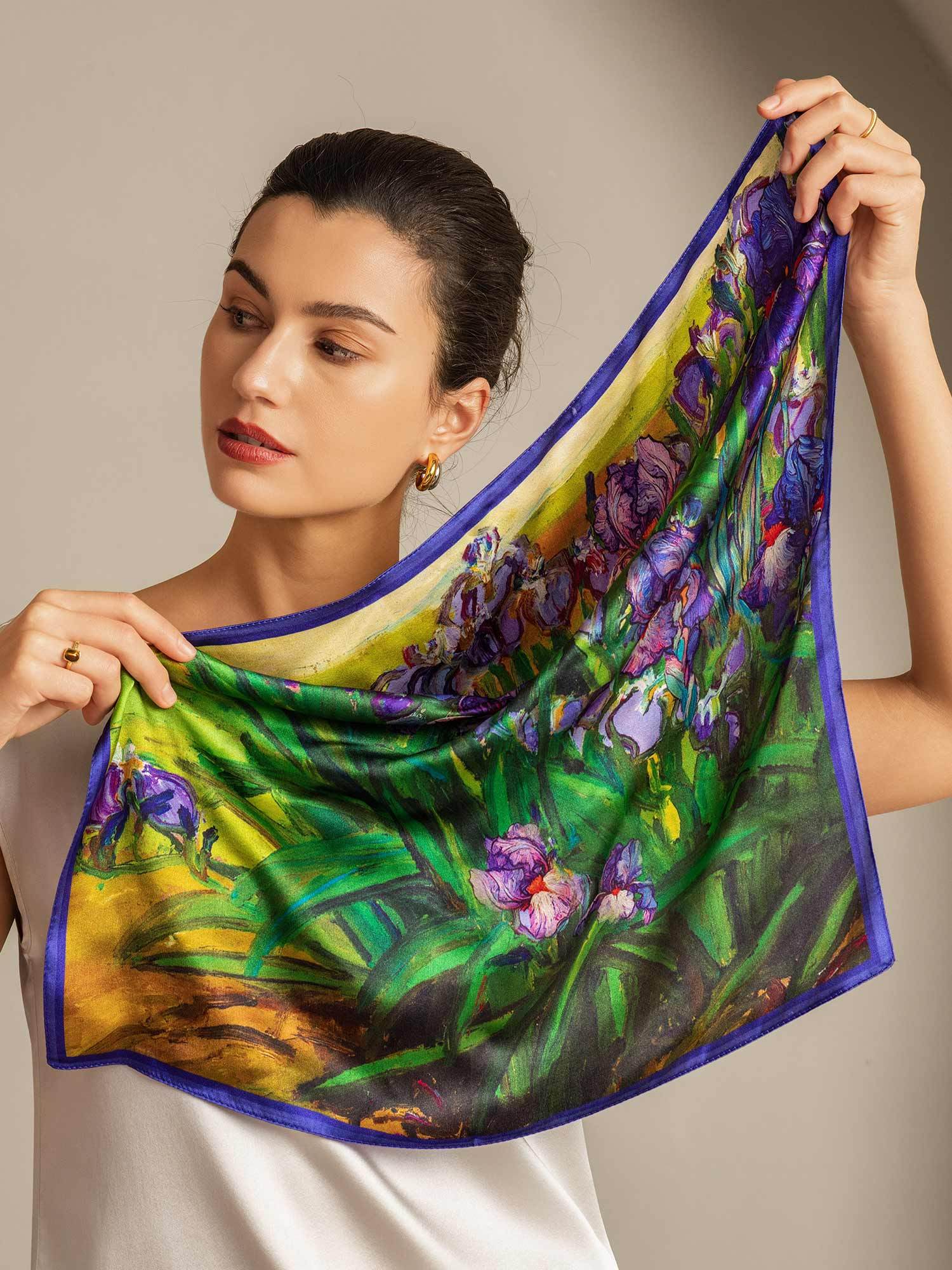 100% Mulberry Silk Floral Oil Painting Square Scarf - Size 53x53cm - Image 7