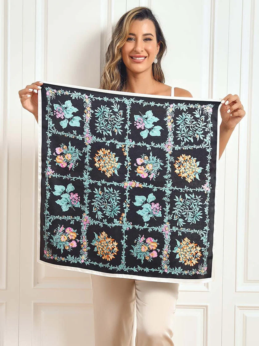 100% Mulberry Silk Floral Pattern Square Scarf 68x68cm/26.8 - Image 4