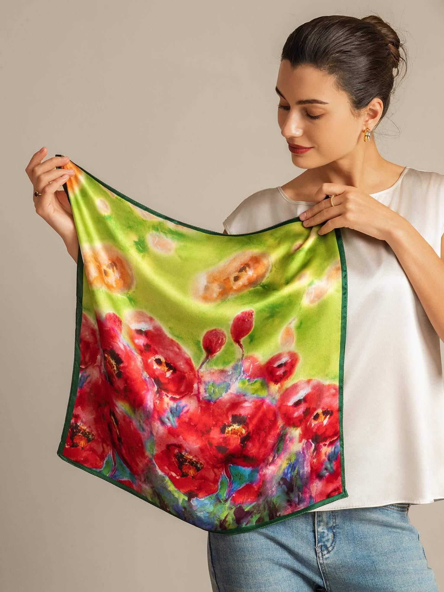 100% Mulberry Silk Flower Impression Square Scarf - Size 53x53cm - Image 3