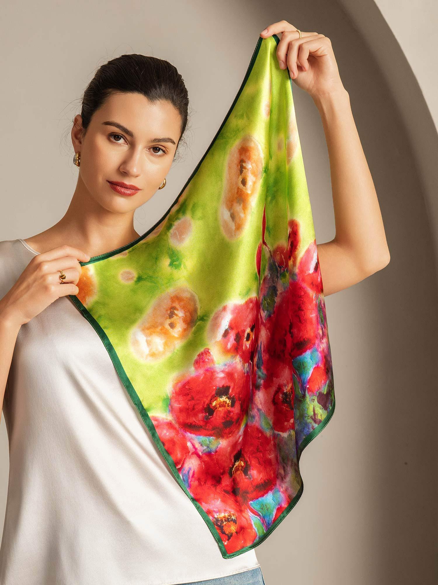 100% Mulberry Silk Flower Impression Square Scarf - Size 53x53cm - Image 4