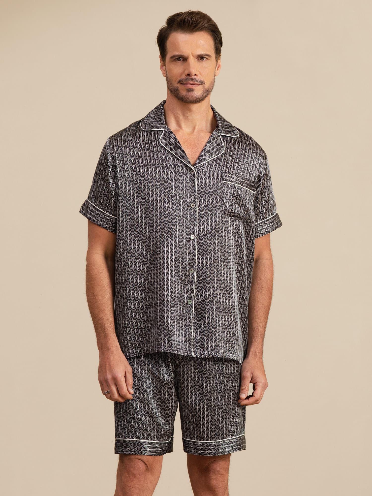 Clearance - Men's 100% Mulberry Silk Ginkgo Print Short Sleeve Lapel Collar Pajamas Set - Image 5