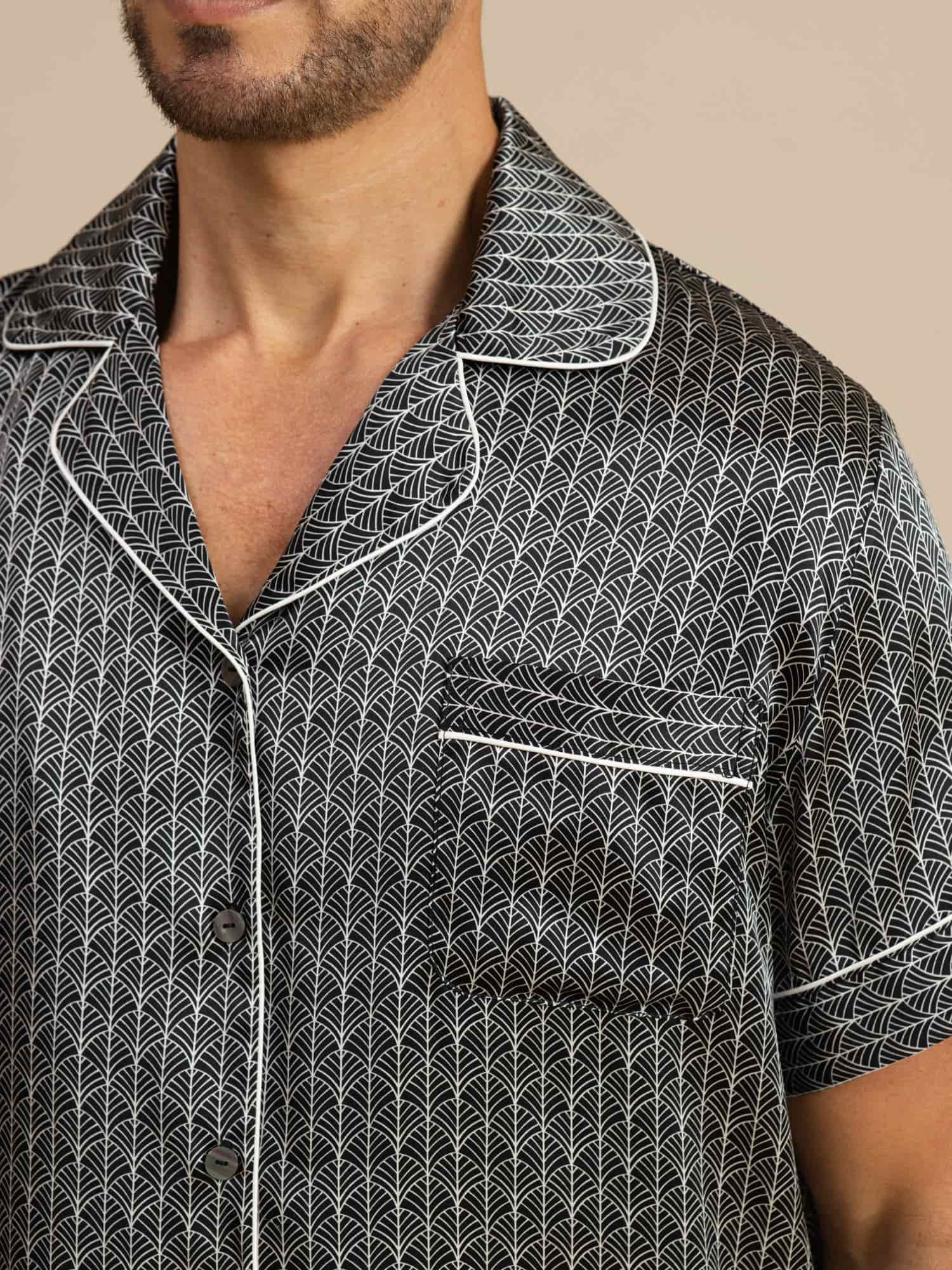 Clearance - Men's 100% Mulberry Silk Ginkgo Print Short Sleeve Lapel Collar Pajamas Set - Image 7