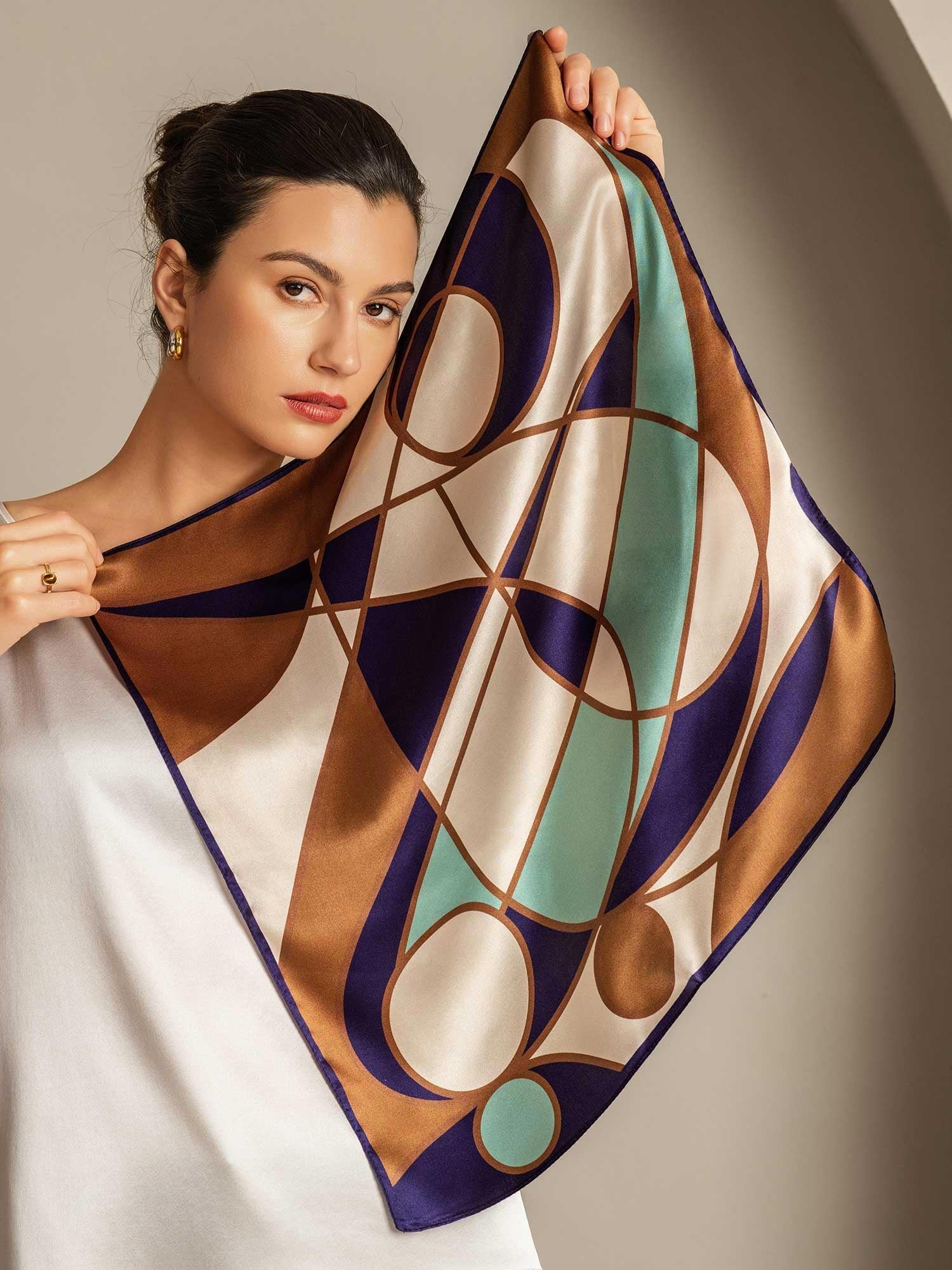 100% Mulberry Silk Geometric Pattern Square Scarf - Size 53x53cm - Image 4