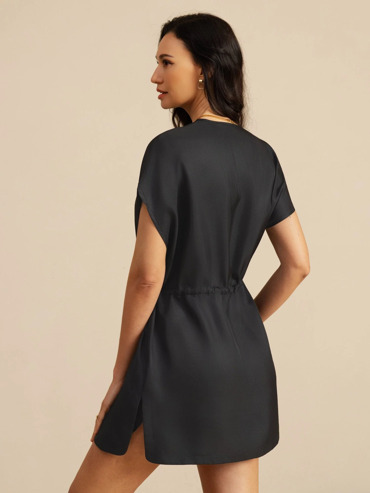 Clearance - 100% Mulberry Silk Henley Neck Cap Sleeve Short Dress With Drawstring - Image 9
