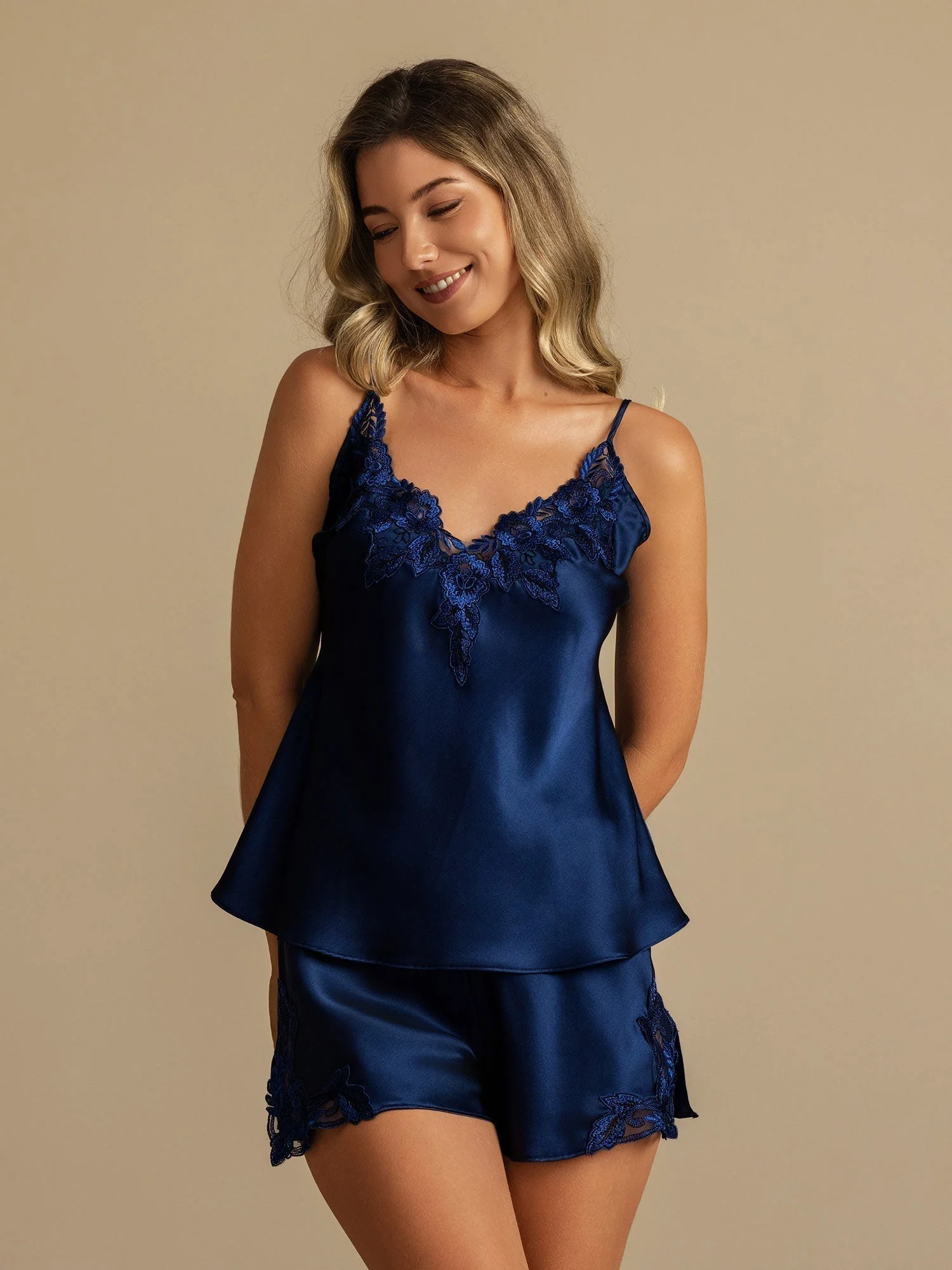 100% Mulberry Silk Spaghetti Strap V Neck Camisole Set with Lace Design - Image 29