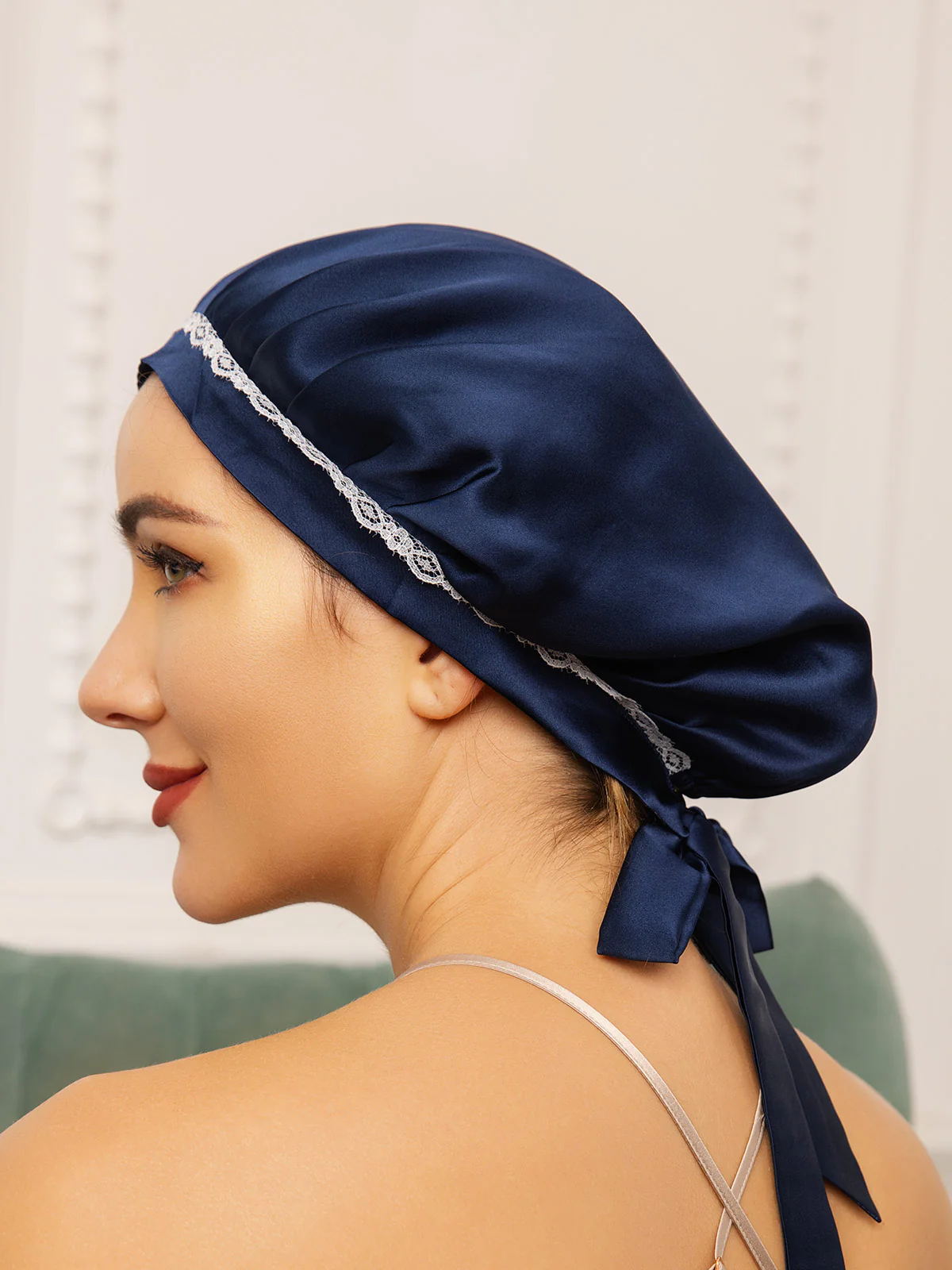 100% Mulberry Silk Lace Bonnet with Ribbons - Image 10